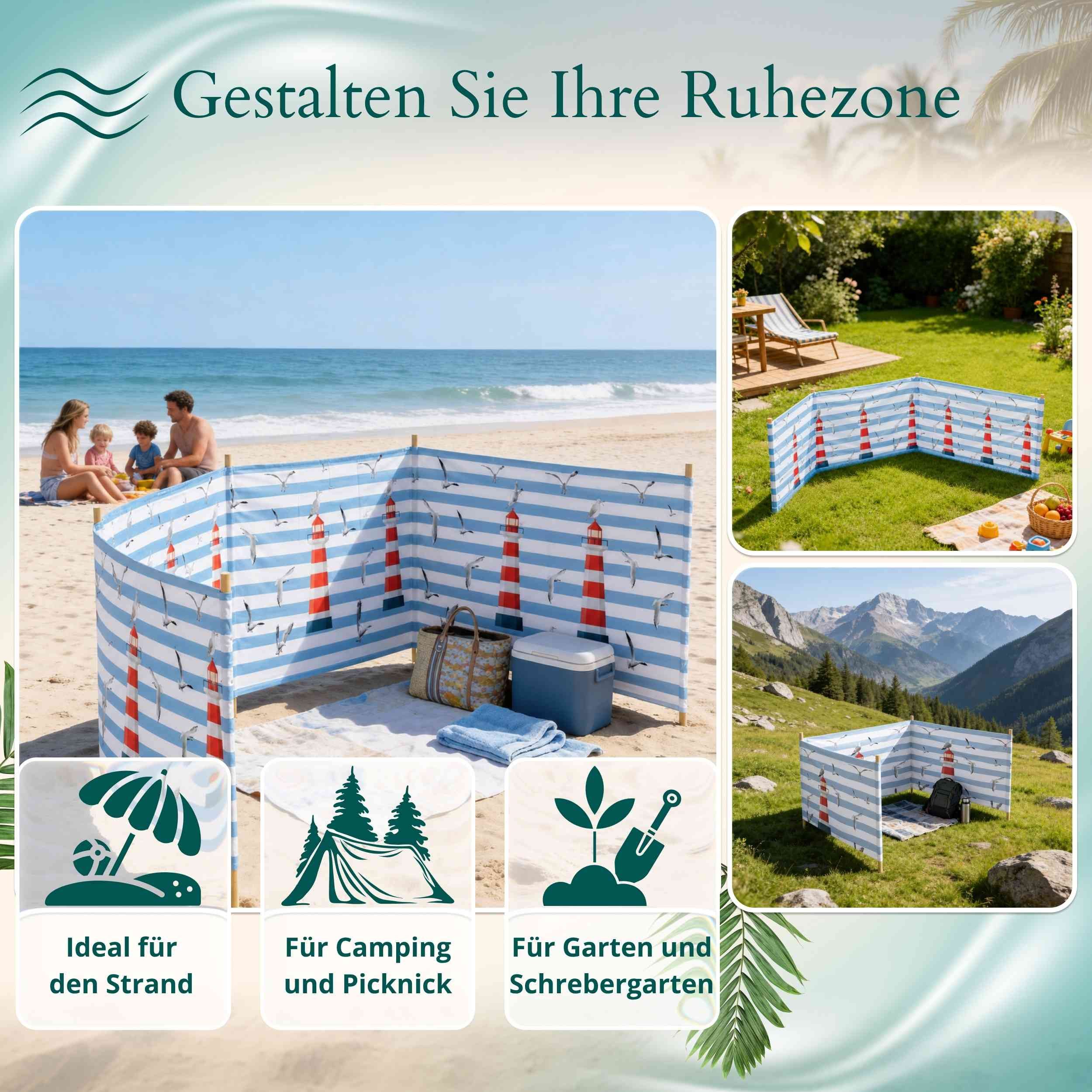 Lantigo Windschutz Sichtschutz Sonnenschutz Strandparavent aus Mikrofaser – portabel, (Leuchtturm, Länge: 4 m), - Faltbarer Sonnenschutz für Strand, Camping & G – Bild 5 von 5