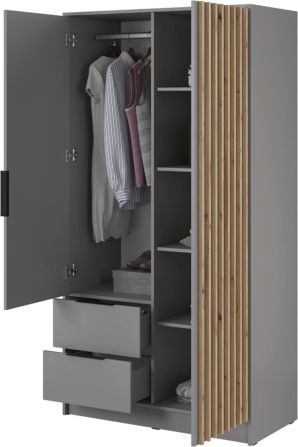 MOEBLO Kleiderschrank JOHN (Latten aus Holz, Loft Stil IndustrieSchrank Aufbewahrungsschrank (Spannstange) mit Regalböden Spannstange & 2 Schubladen, Industrieschrank für Schlafzimmer, Schlafzimmerschrank mit 2/3/4 drehbaren Türen, 2 Schubladen)