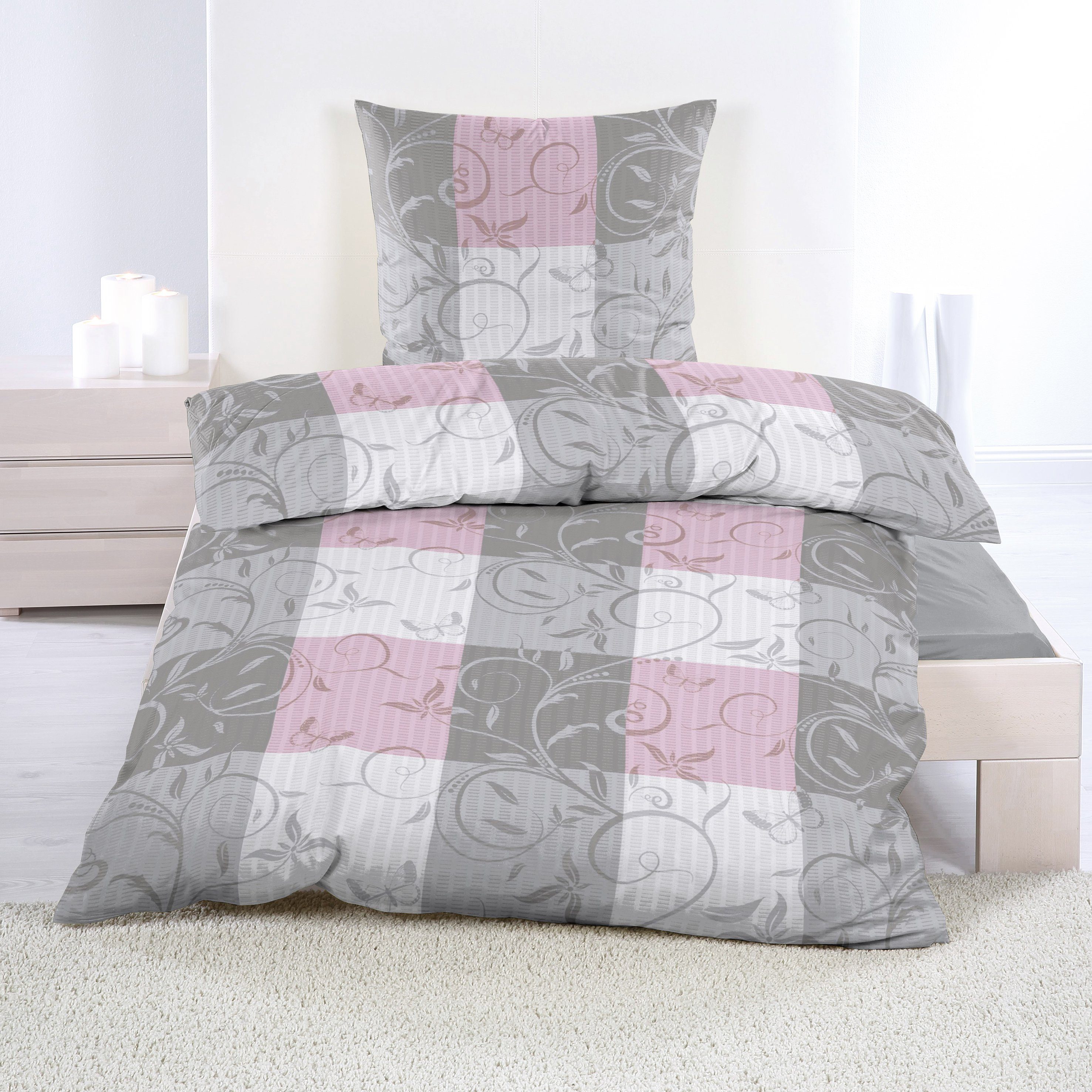 Casa Colori Bettwäsche Seersucker Garnitur 135x200 Reißverschluss in Grau Rosa kariert, Seersucker, 2 teilig, luftig leichte Sommerbettwäsche
