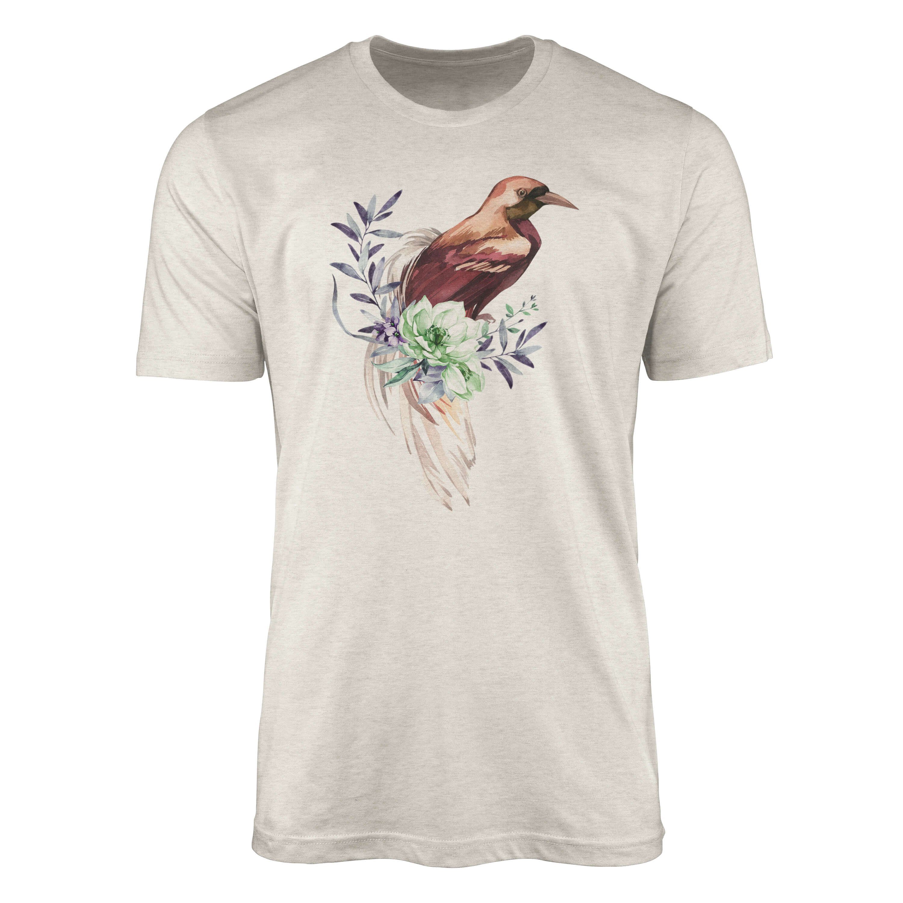 Sinus Art T-Shirt Herren Shirt Aquarell Motiv Nachhaltig Blumen T-Shirt Organic (1-tlg) Farbe Vogel Bio-Baumwolle Ökomode