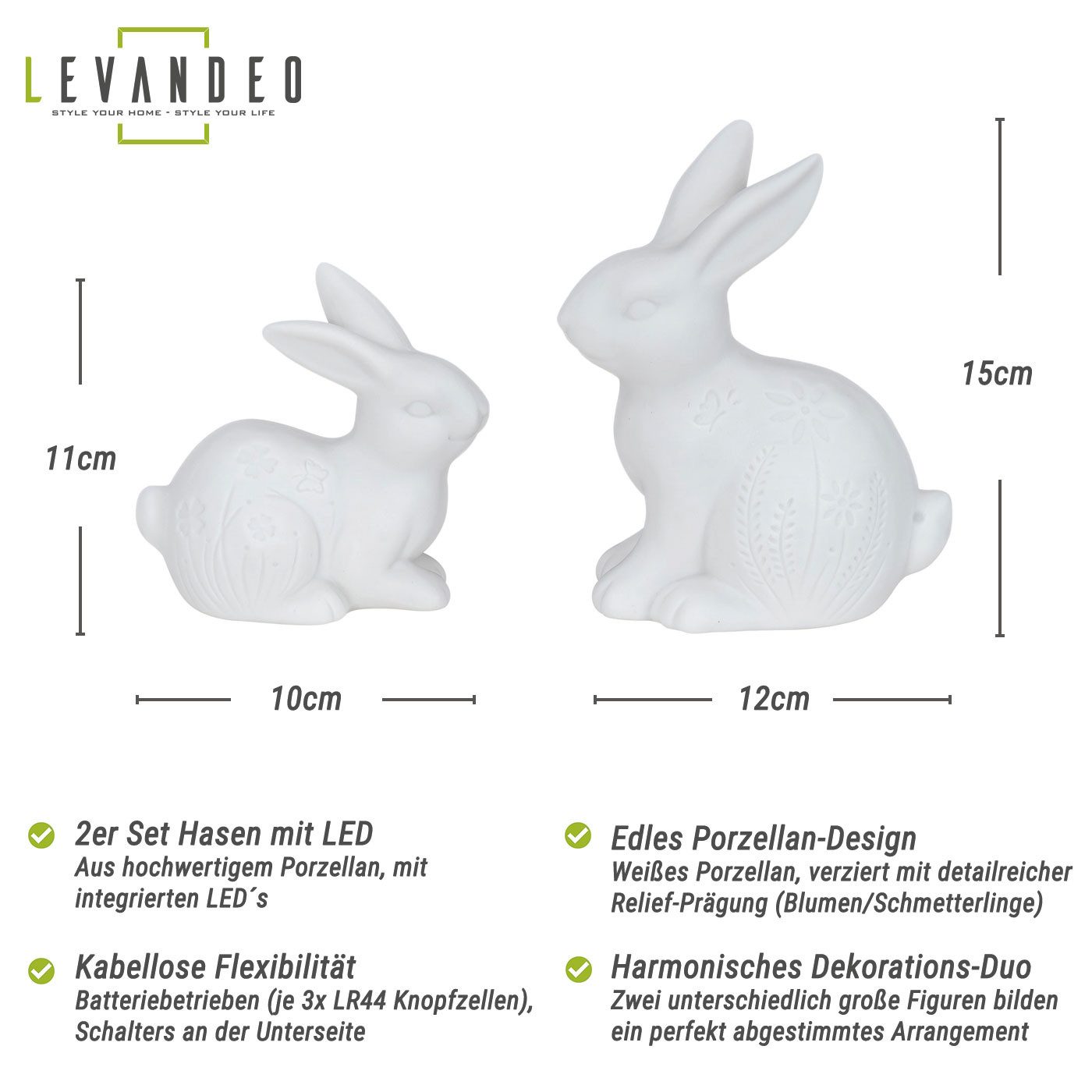Levandeo® Osterfigur, 2er Set LED Hasen Porzellan Weiß Blumenwiese Osterhase Deko Ostern