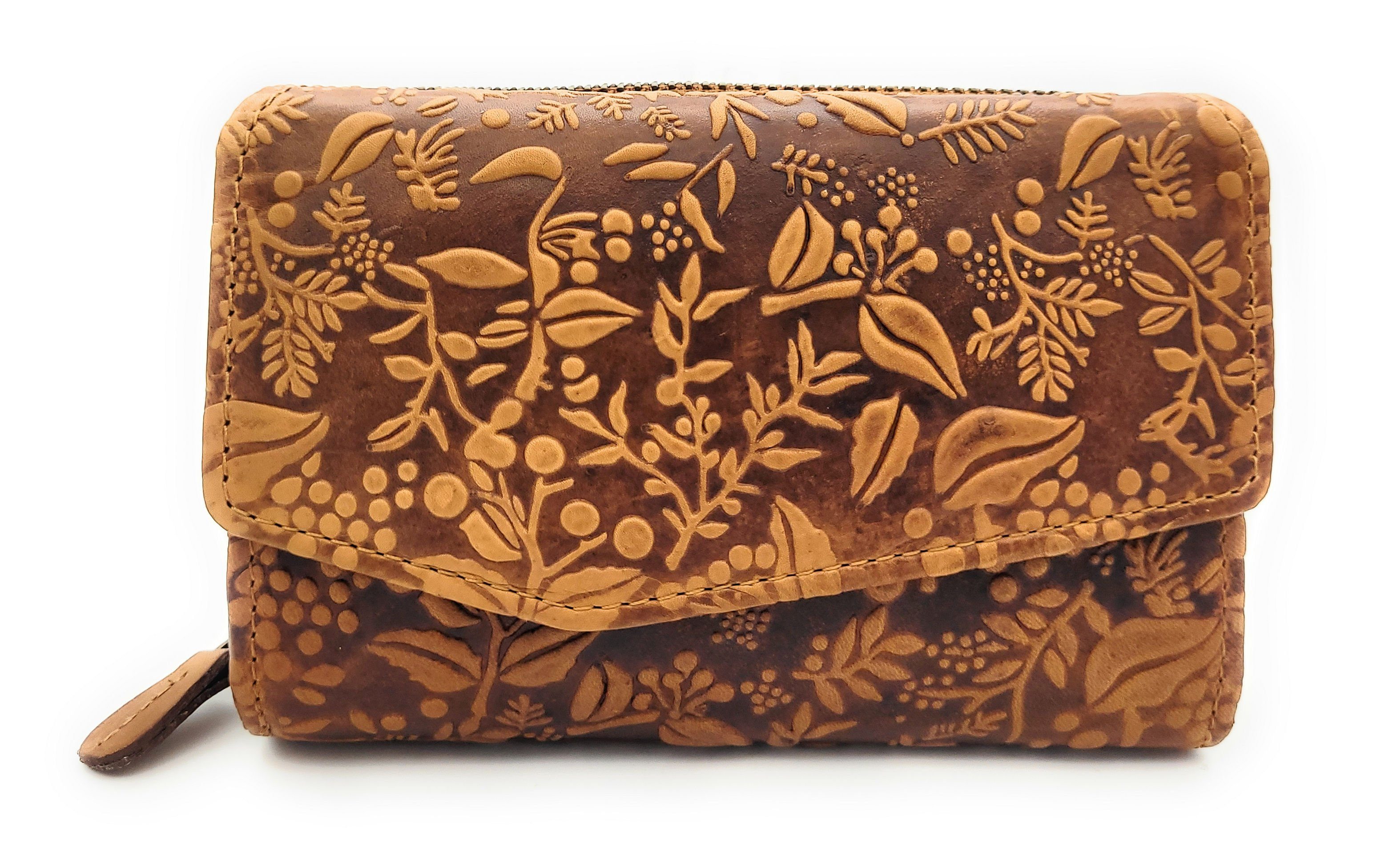 Hill Burry Geldbörse echt Leder Damen Portemonnaie mit RFID Schutz, Reißverschlussmünzfach, florale Prägung, umfangreiche Ausstattung