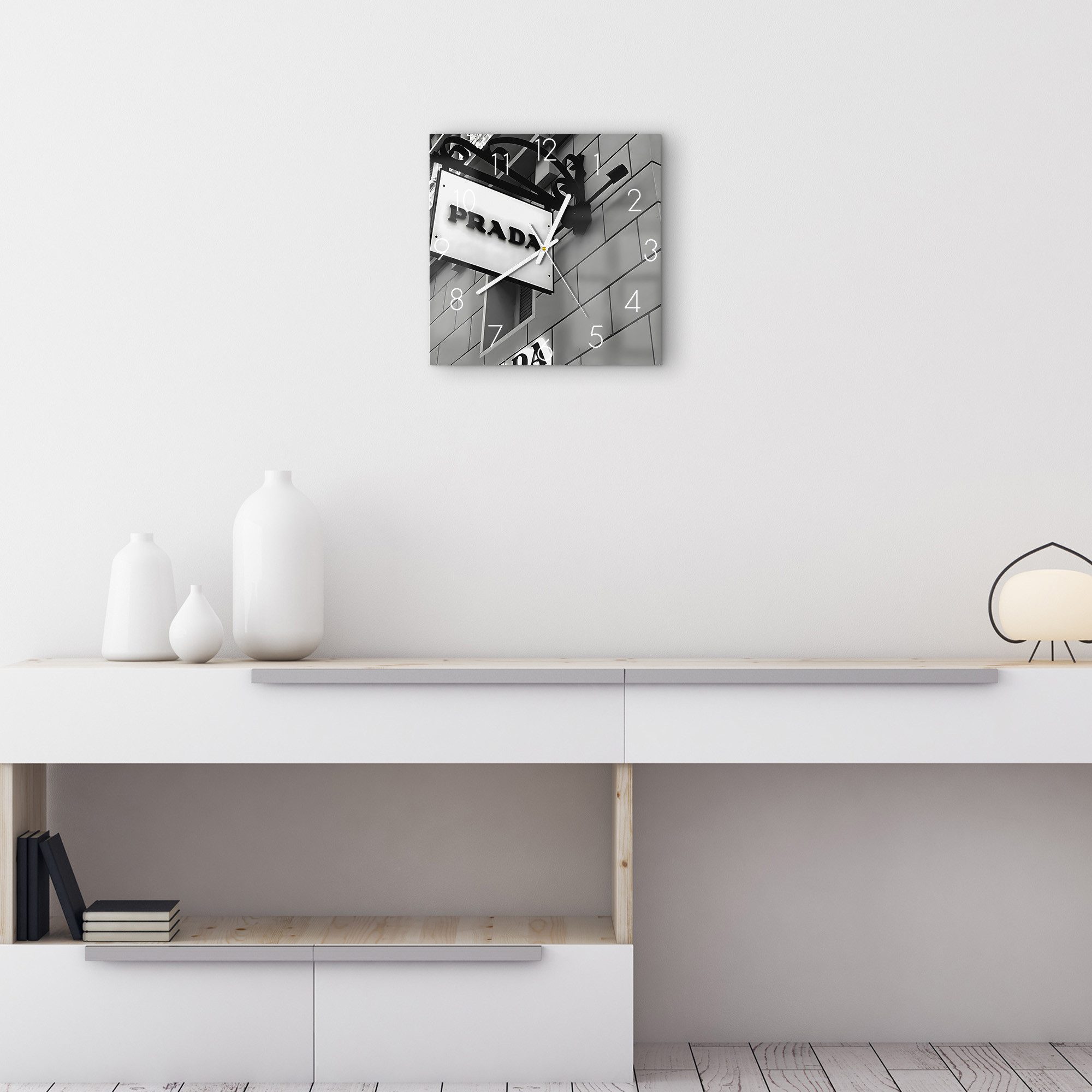 DEQOART Wanduhr 'Prada Monochrome' (Glas Glasuhr modern Wand Uhr Design Küchenuhr)