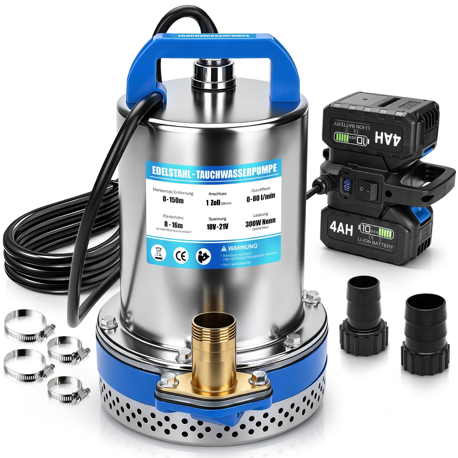 XIIW Schmutzwasser-Tauchpumpe Akku-Klarwasserpumpe mit 2×4Ah, Wasserpumpe Tauchdruckpumpe, 4800L/H (Set, 16m Förderhöhe, Edelstahl-Tauchpumpe mit Doppelakku Betrieb, IPX8), für Pool, Wasserbett, Gartenbewässerung
