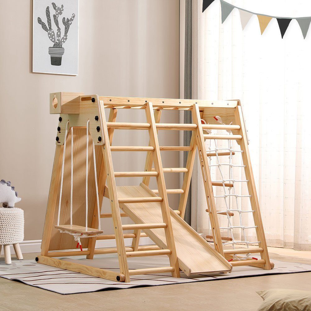 HOME DELUXE Klettergerüst Indoor Spielturm LIO, (inkl. Schaukel, Rutsche, Kletternetz & Leiter), 8 in 1 Kletterturm I Spielzimmer, Kinderzimmer