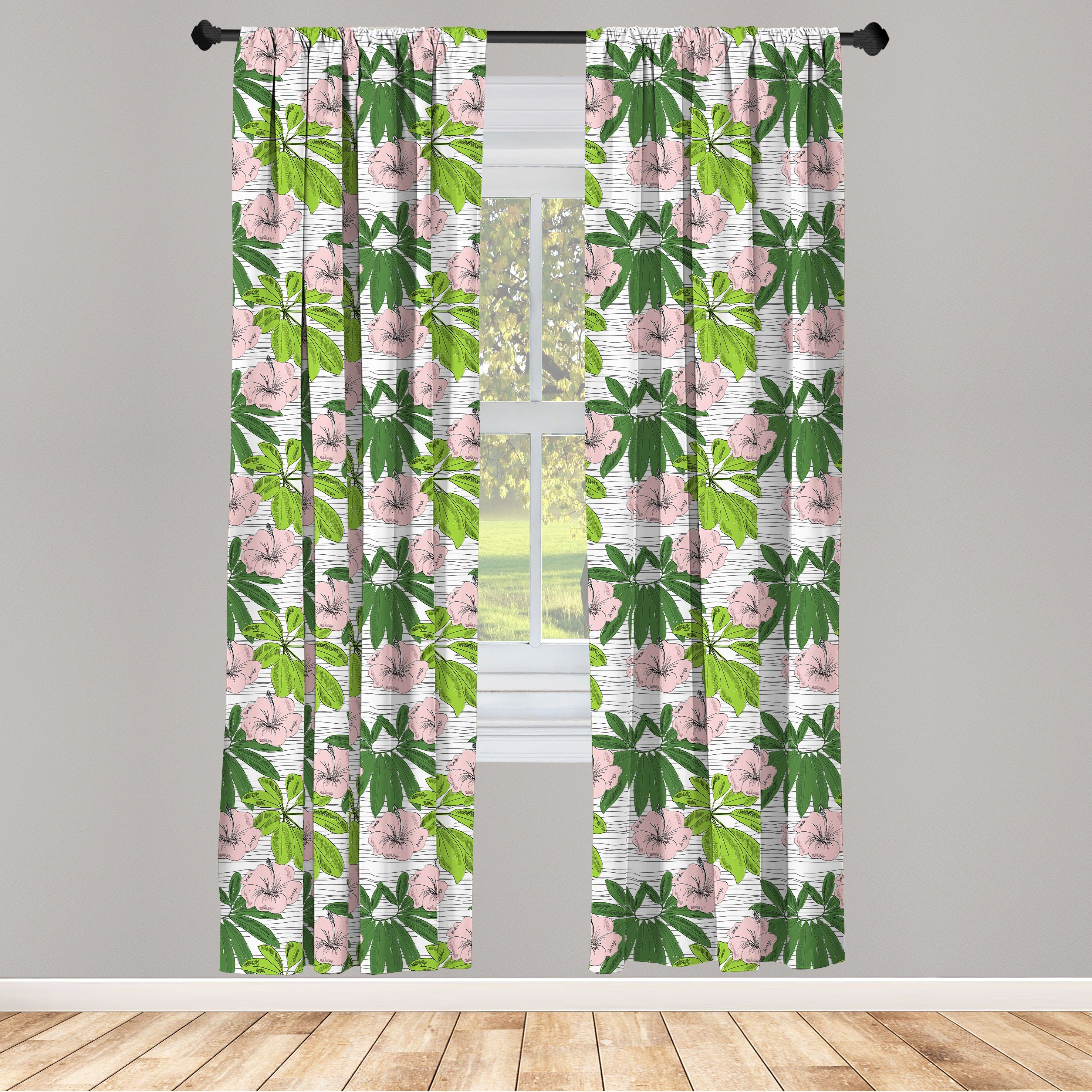 Gardine Vorhang für Wohnzimmer Schlafzimmer Dekor, Abakuhaus, Microfaser, Tropisch Hibiscus Flora Hand gezeichnet