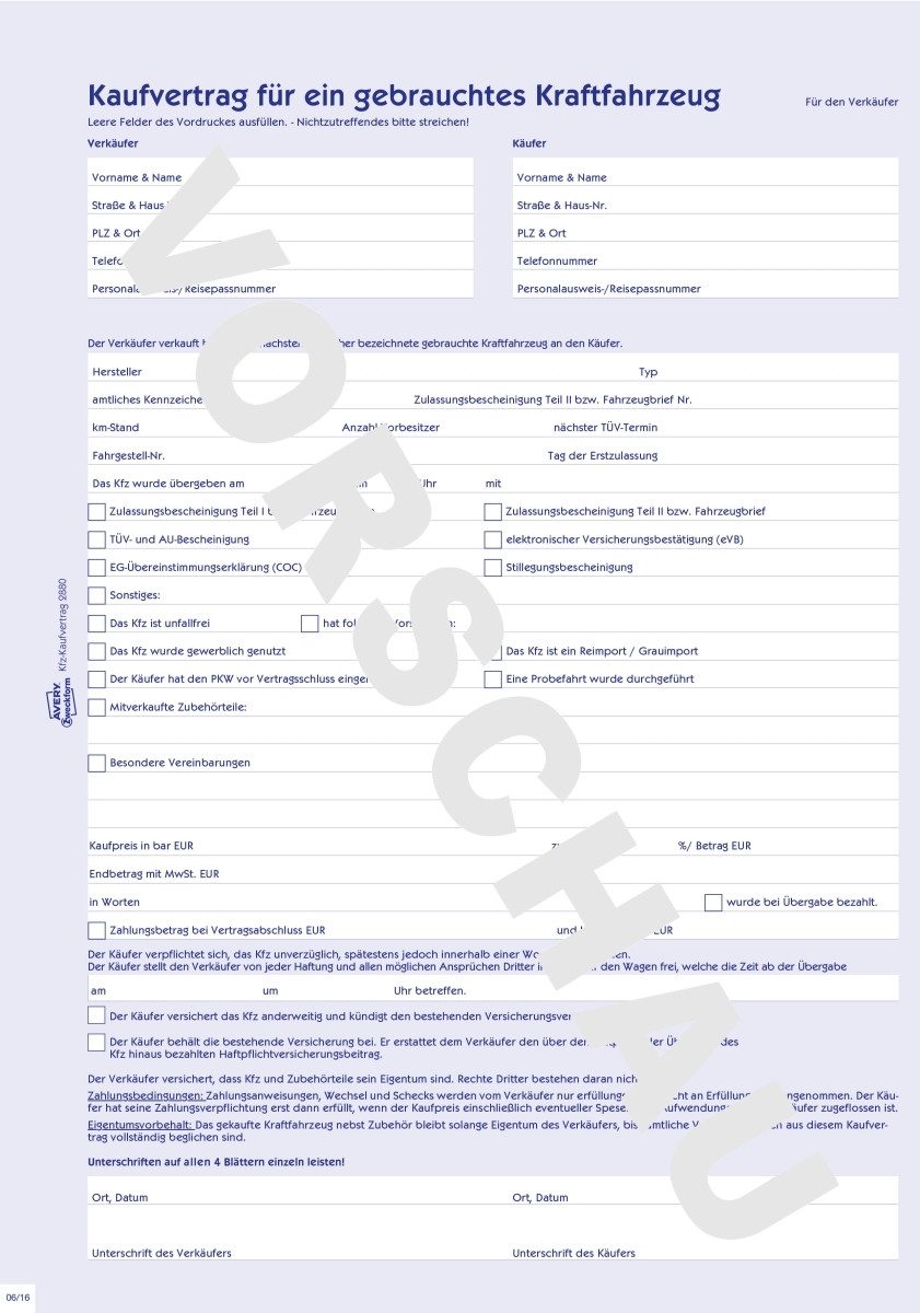 Avery Zweckform Formularblock Vordruck Kaufvertrag A4 KFZ 4fach-Satz selbstdurchschreibend Packung m