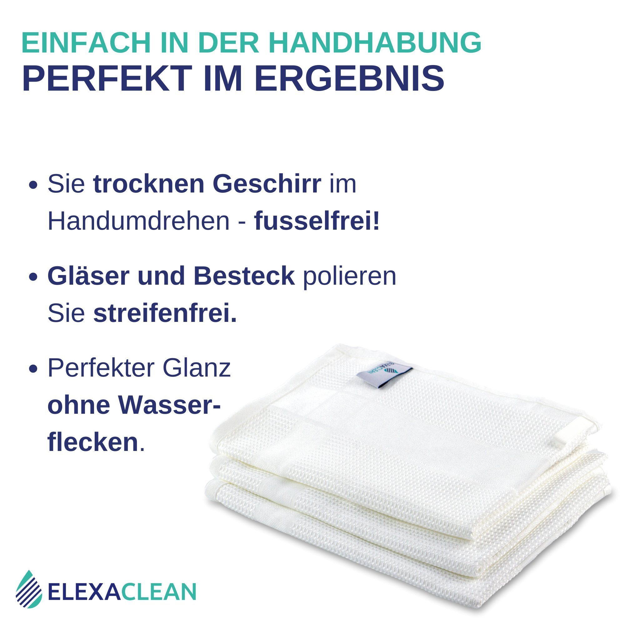 fusselfrei (Set, Küchentücher Geschirrtuch Poliertücher, Mikrofaser cm), ultrafein, 68x42 Weiß saugstark, ELEXACLEAN 3-tlg.,