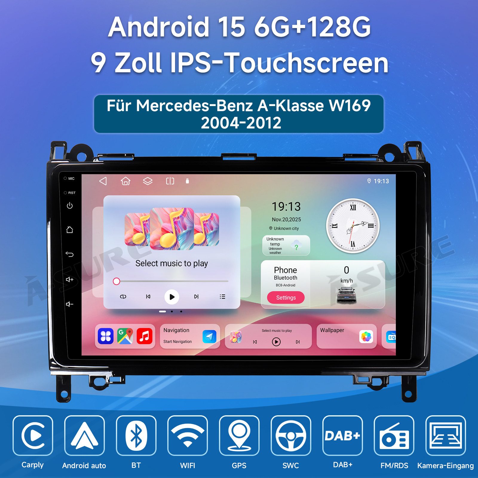 A-Sure Android 15 Carplay Für Mercedes-Benz A/B KlasseW169 W639 W245 W906 Autoradio (Digitalradio (DAB), FM, AM, 1280*800 IPS Screen)