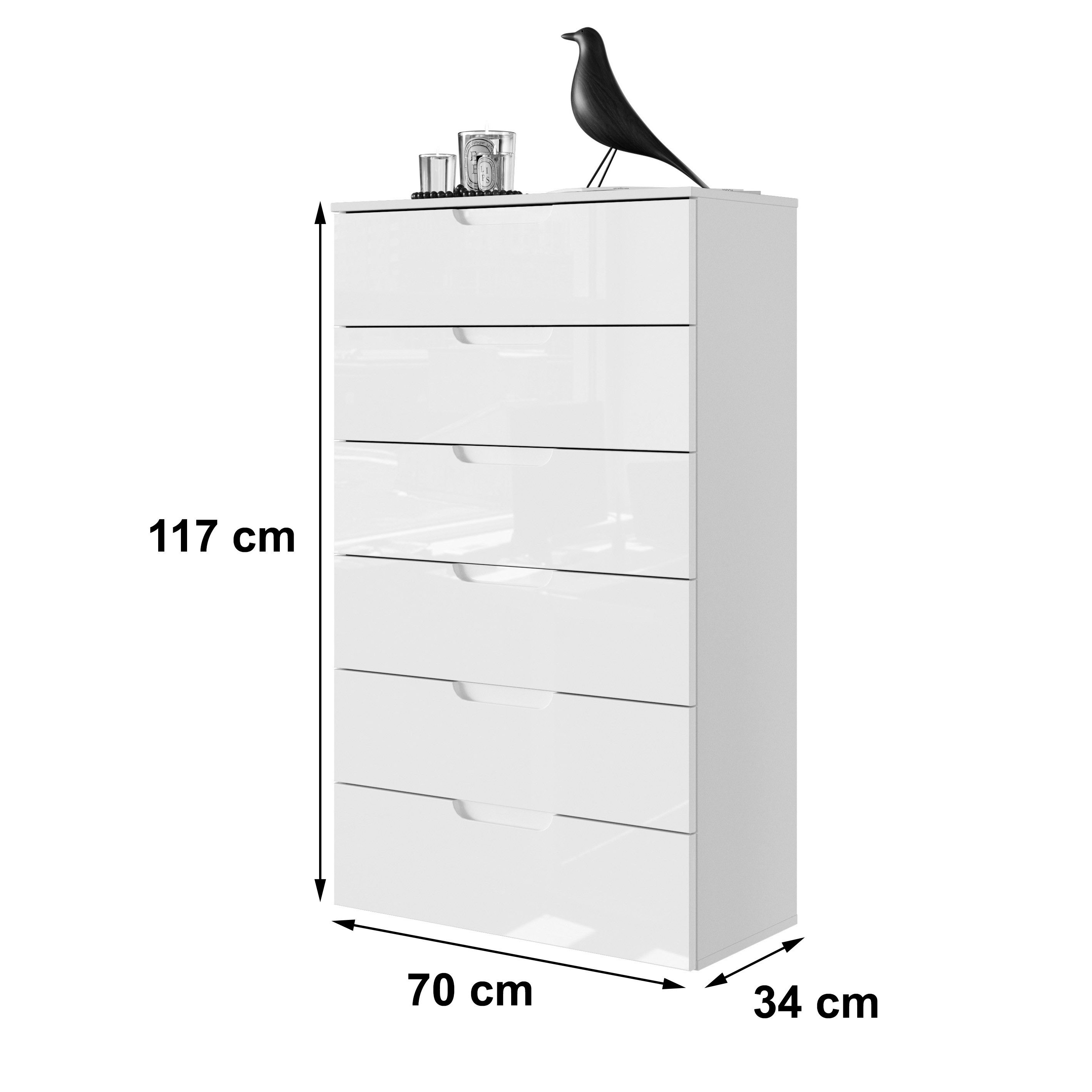 Newroom Kommode Weiß 70 cm, Weiß Hochlglanz Sideboard Vintage Industrial Highboard Anrichte