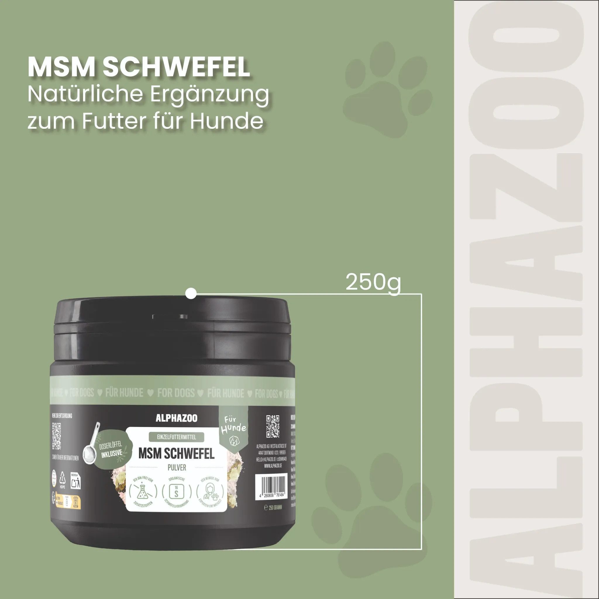 ALPHAZOO MSM Pulver 250 g für Hunde MSM, Ergänzungsfutter für: Hunde