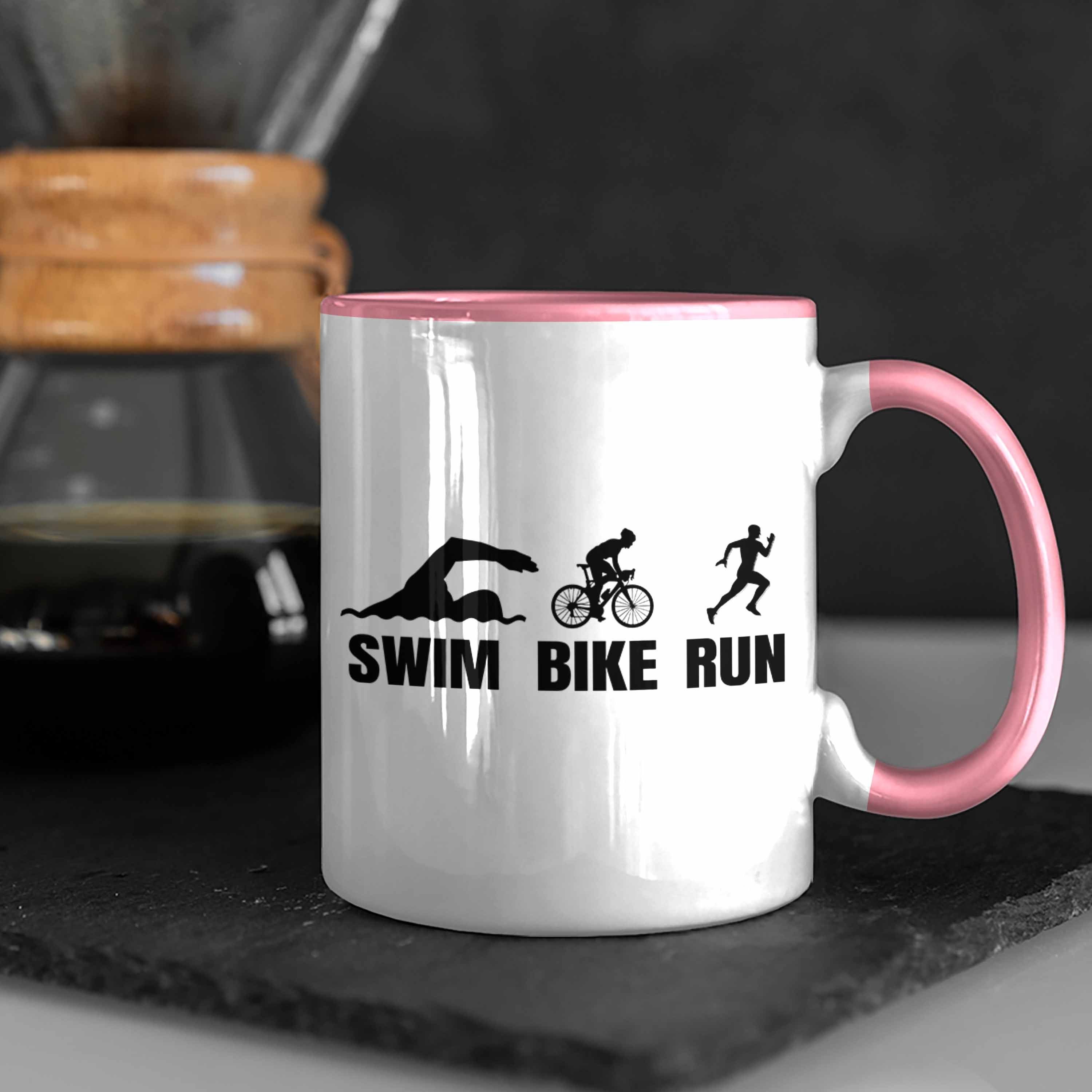 Sportl Tasse Run Triathlon Tasse Spruch für Geschenkidee Trendation Geschenk Swim Bike Rosa