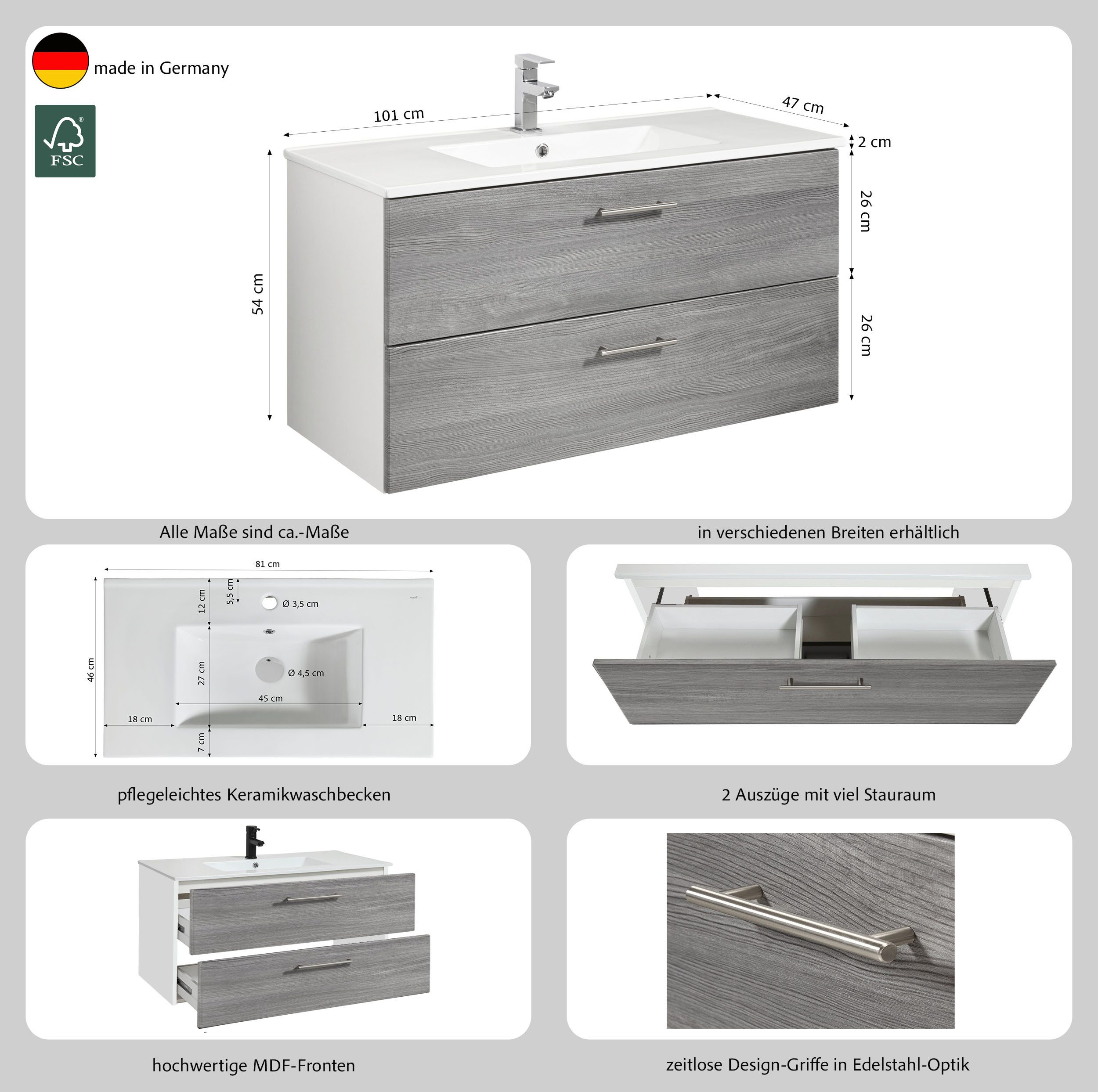 welltime Waschtisch Trento in verschiedenen Ausführungen Unterschrank inkl. Waschbecken, Badmöbel in Breite 100 cm, Waschplatz mit 2 Schubladen, Badschrank