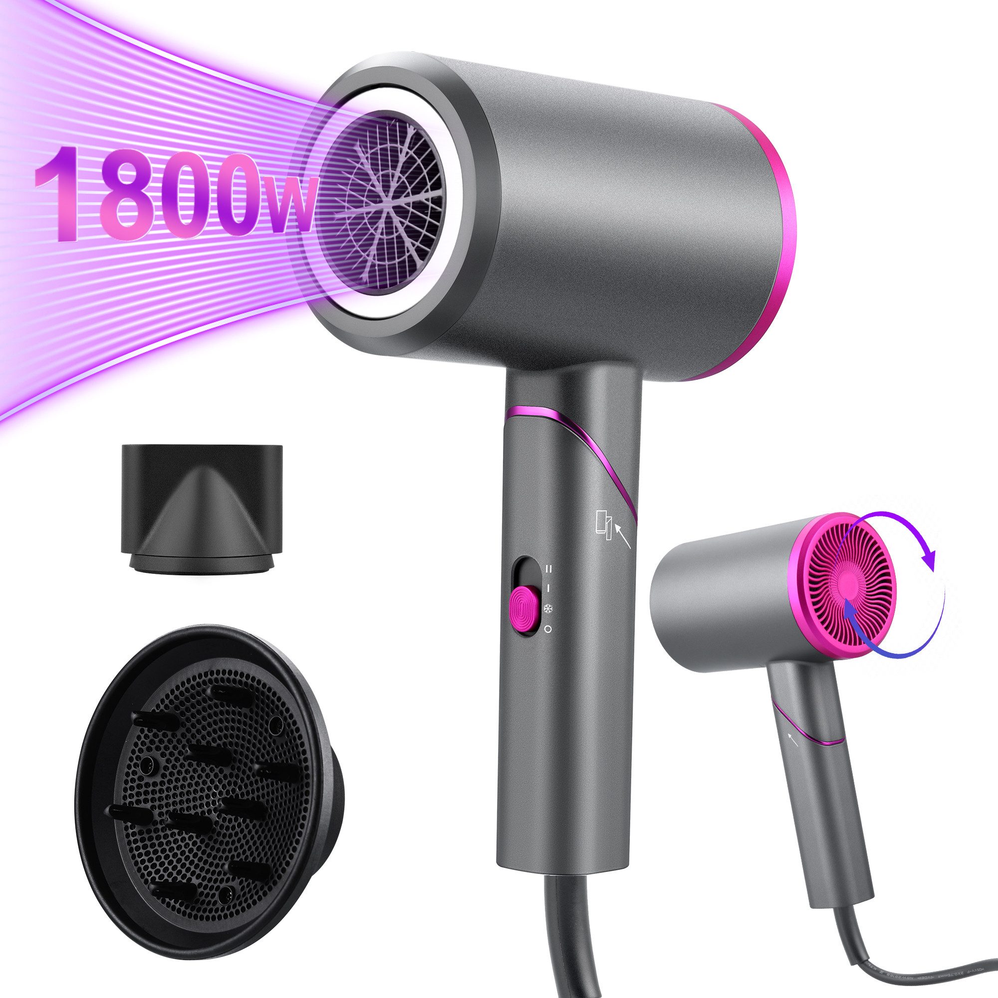 CkeyiN Haartrockner Negativ-Ionen Haartrockner leise Haarföhn 3 Heiz Klappföhn Reiseföhn, 1800,00 W, mit 2 magnetischen Stylingdüsen 2 Geschwindigkeiten Anti-Frizz klein