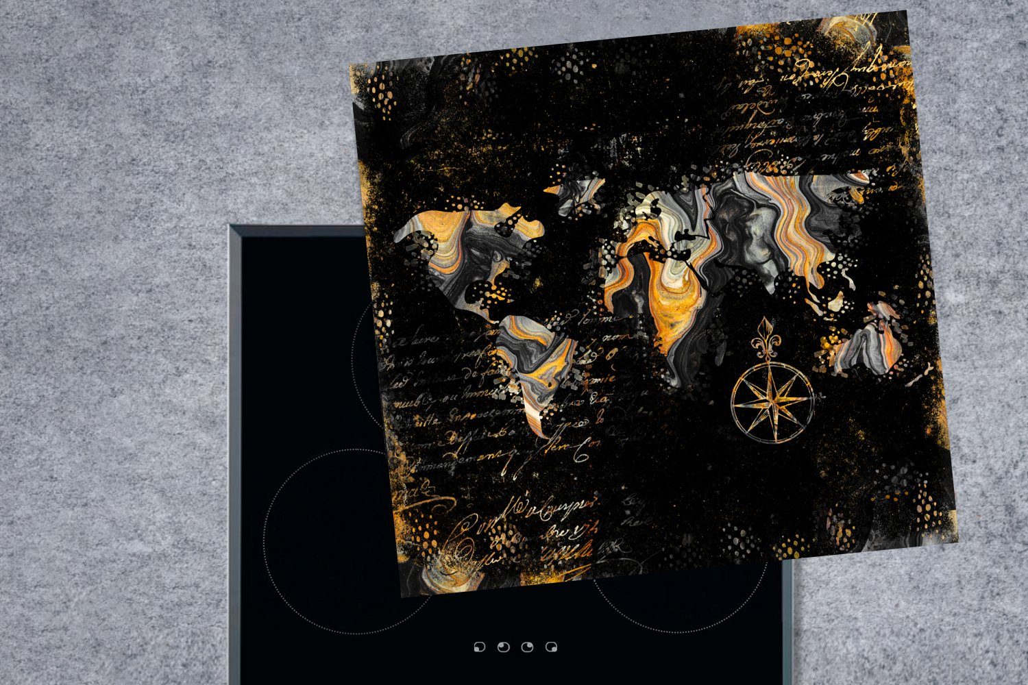 tlg), MuchoWow Vinyl, 78x78 Arbeitsplatte Ceranfeldabdeckung, (1 für - cm, Kompass, Weltkarte - küche Herdblende-/Abdeckplatte - Farbe Gold
