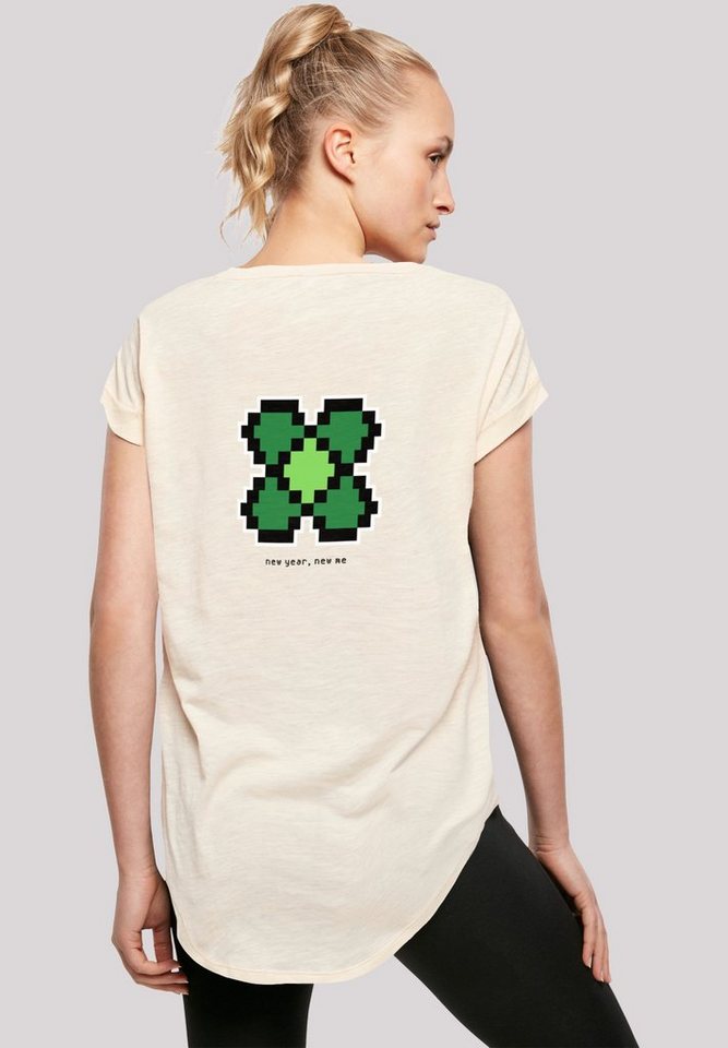Hinten Happy F4NT4STIC Pixel Print, New T-Shirt lang Damen Year geschnittenes Kleeblatt extra T-Shirt Silvester