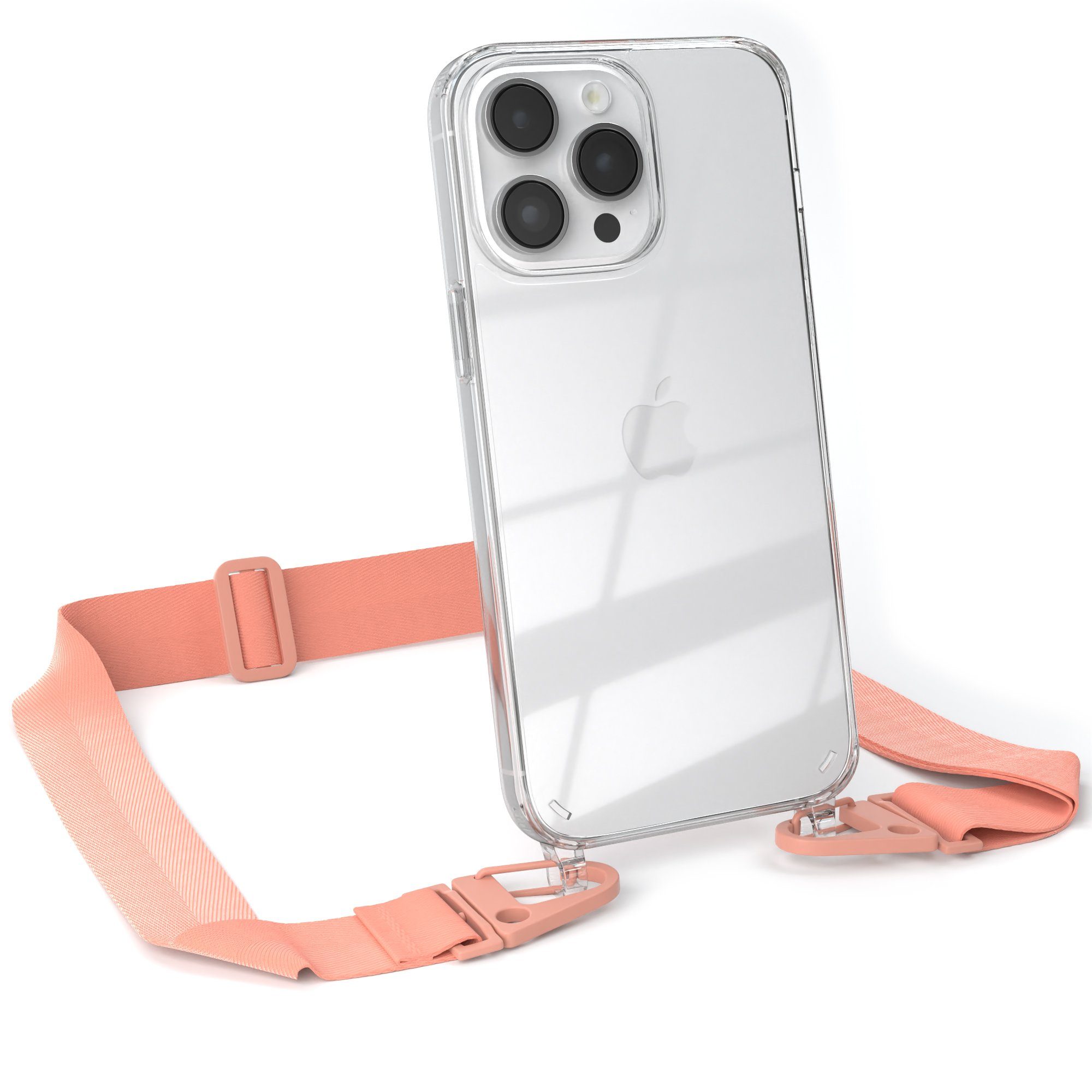 EAZY CASE Handykette Silikon Kette Karabiner für iPhone 14 Pro Max 6,7 Zoll, Silicon Handyhülle mit breiter Kette Carabiner Necklace Altrosa Coral
