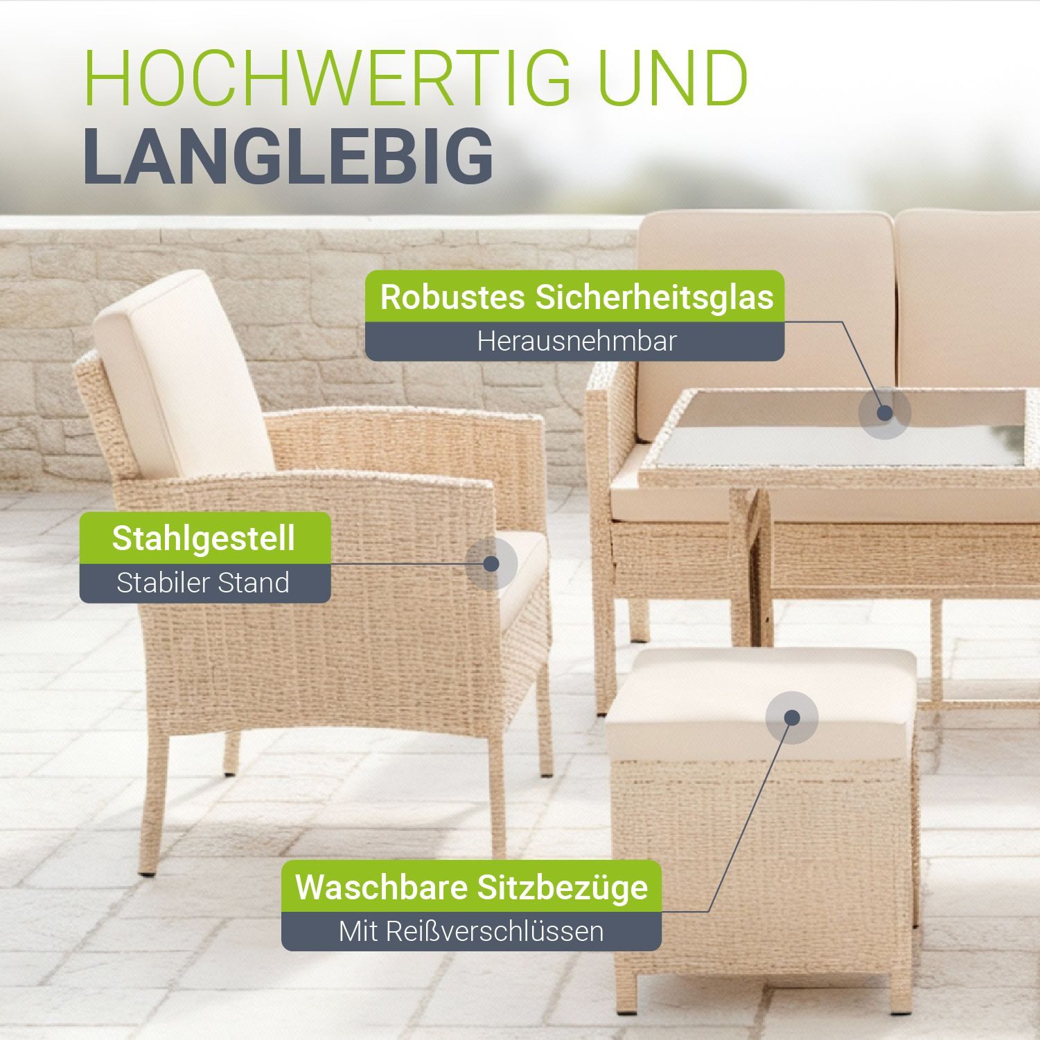 Juskys Gartenlounge-Set Turin, (6-tlg), Polyrattan Sitzgruppe für 7 Personen, Gartenmöbel Set 6-teilig