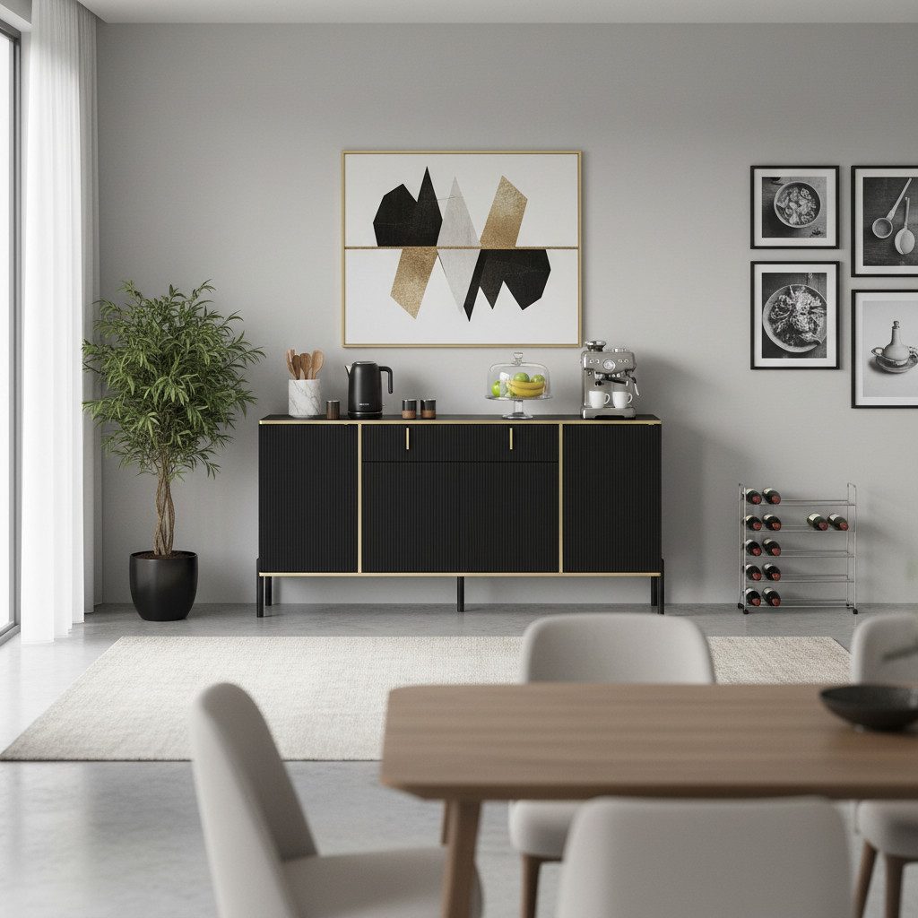 HOMSEE Sideboard mit 4 Türen und 1 Schublade, 160x40x80 cm, Aufbewahrungsschrank (1 St), Wohnzimmerschrank, Fluted Design, Goldene Metallbeine