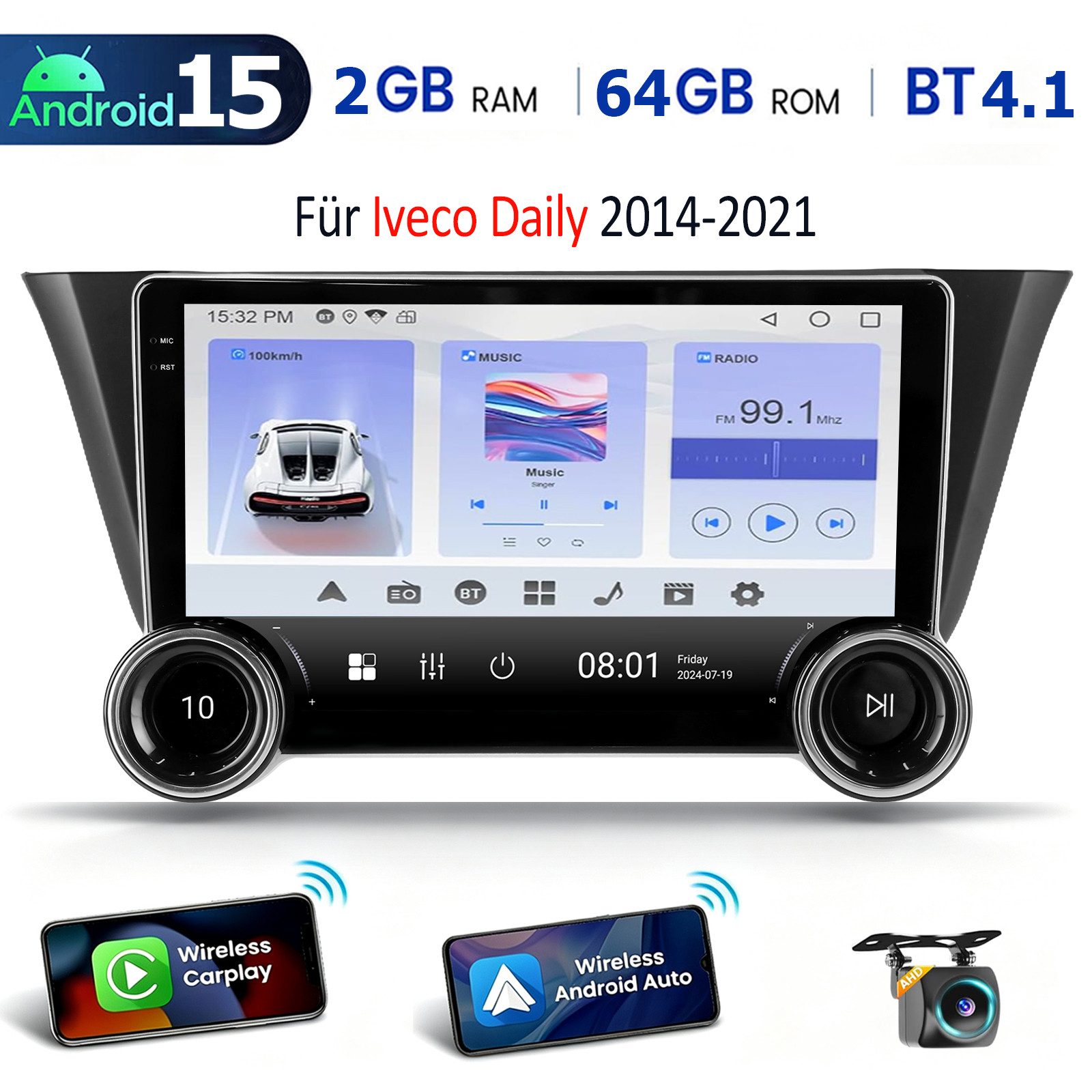 ESSGOO DAB+ 10" Autoradio Für Iveco Daily 2014-2021 Android 15 Carplay GPS FM Autoradio (RDS, 4+64GB(optional), DAB (optional), FM, AM, DAB+ (optional), Apple Carplay Android Auto GPS Navi WIFI BT EQ)