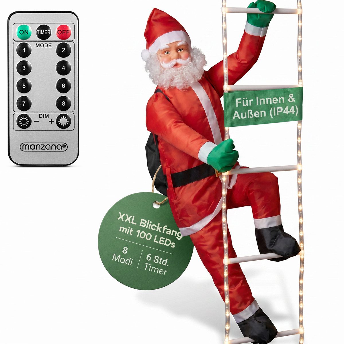 monzana Weihnachtsmann, LED Leiter XXL 240cm für In-/Outdoor 8 Leuchtfunktionen Santa Claus