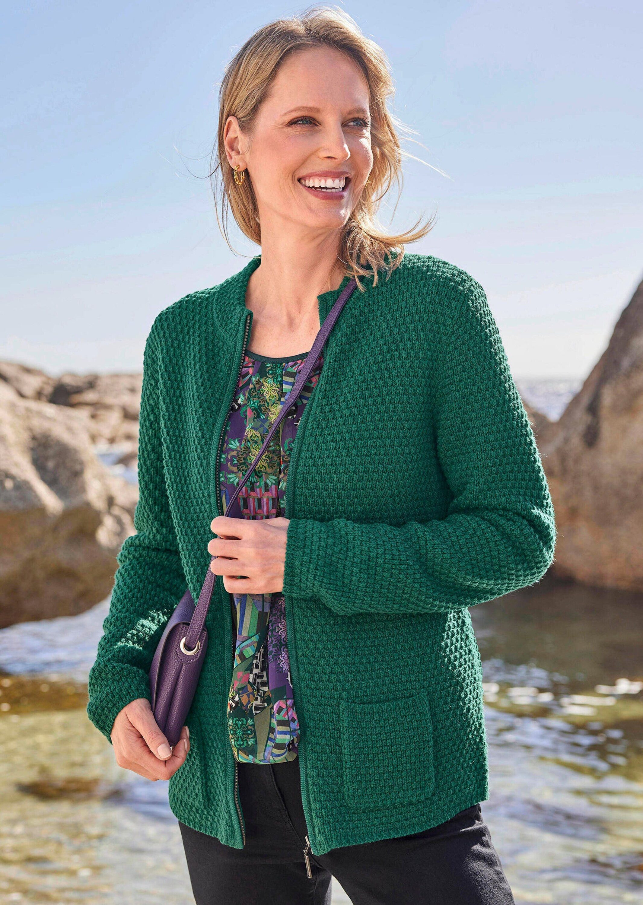 GOLDNER Strickpullover Elegante Wolljacke mit Noppenstruktur Hüftlange Alltagsjacke mit Stehkragen, Taschen und Langarm