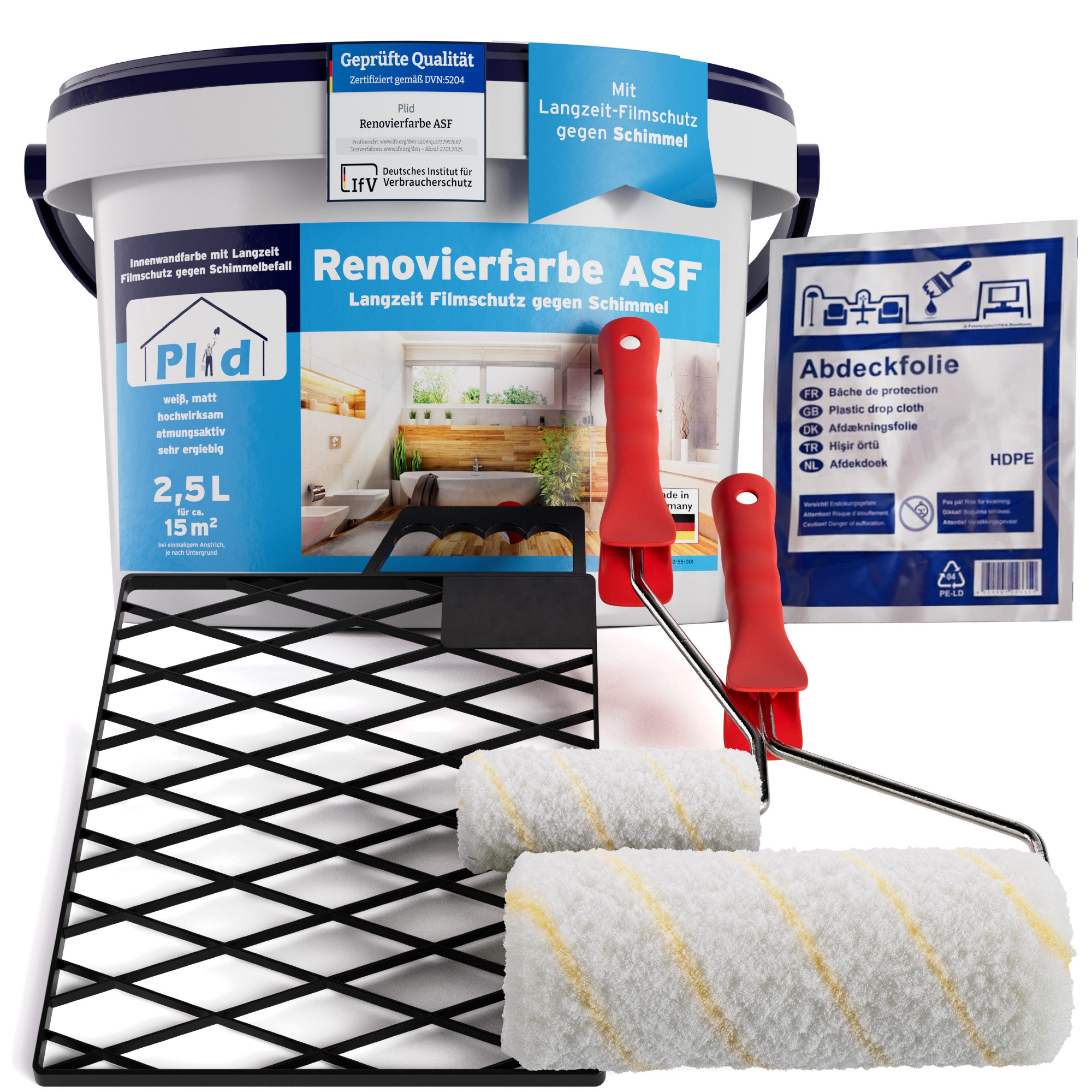 plid Wandfarbe Renovierfarbe ASF Weiß, 2,5l für ca. 15m² alle Wände, Schimmelschutzfarbe Hohe Deckkraft