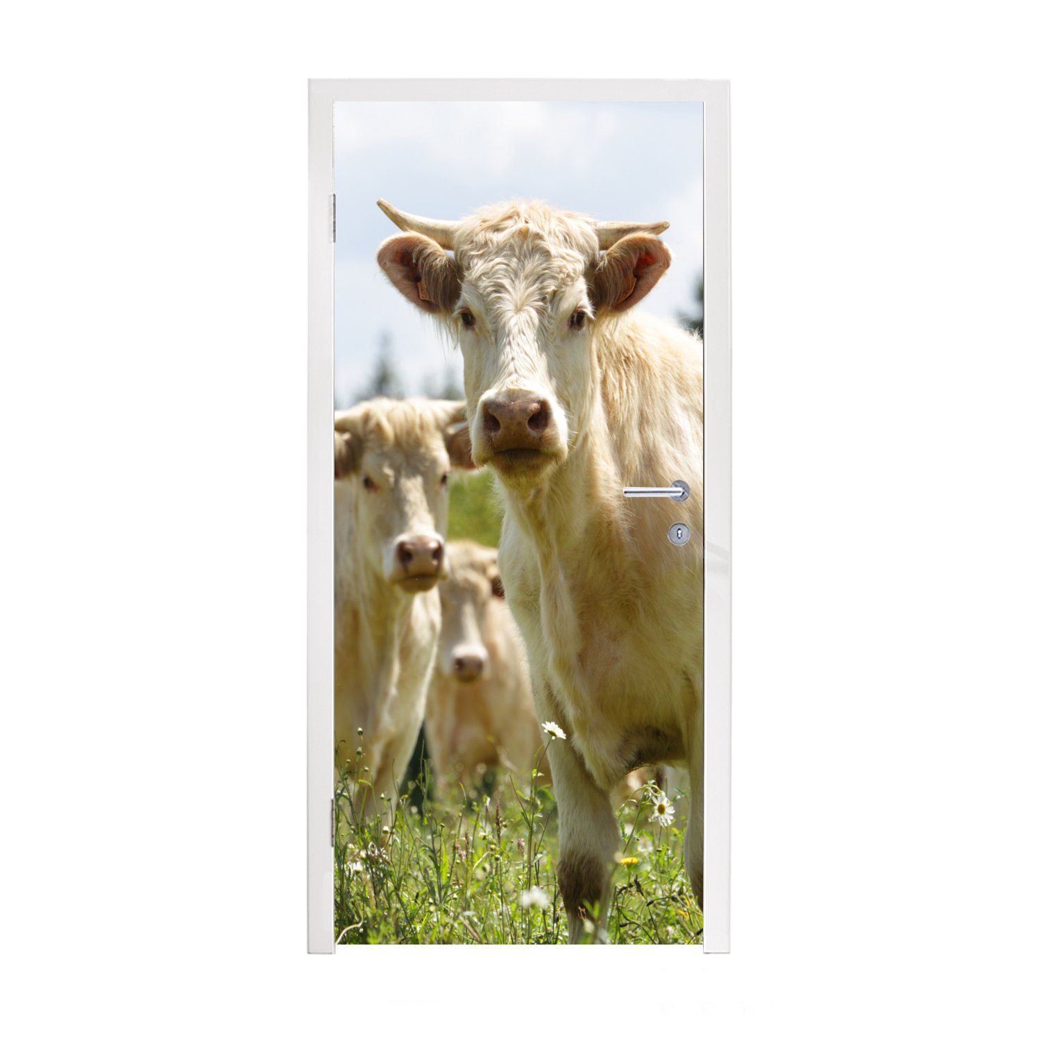 MuchoWow Türtapete Kühe - Blumen - Weiß, Matt, bedruckt, (1 St), Fototapete für Tür, Türaufkleber, 75x205 cm