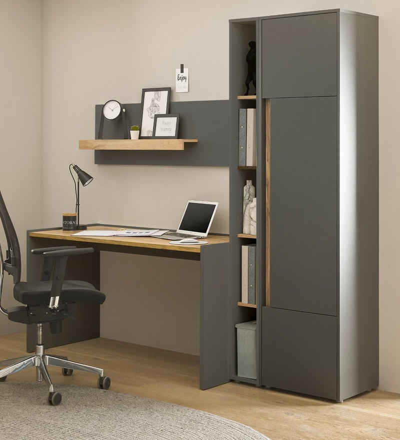 Furn.Design Schreibtisch Center (Büromöbel-Set in matt grau und Wotan Eiche, Set 4-teilig, mit Regal und großem Schrank)