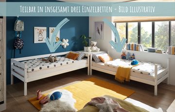 Kids Collective Hochbett 90x200 cm mit Ausziehbett Kinderbett mit Ausziehfunktion, 2 Schubladen Lattenrost, Rausfallschutz, umbaubar in drei Einzelbetten, Vollholz