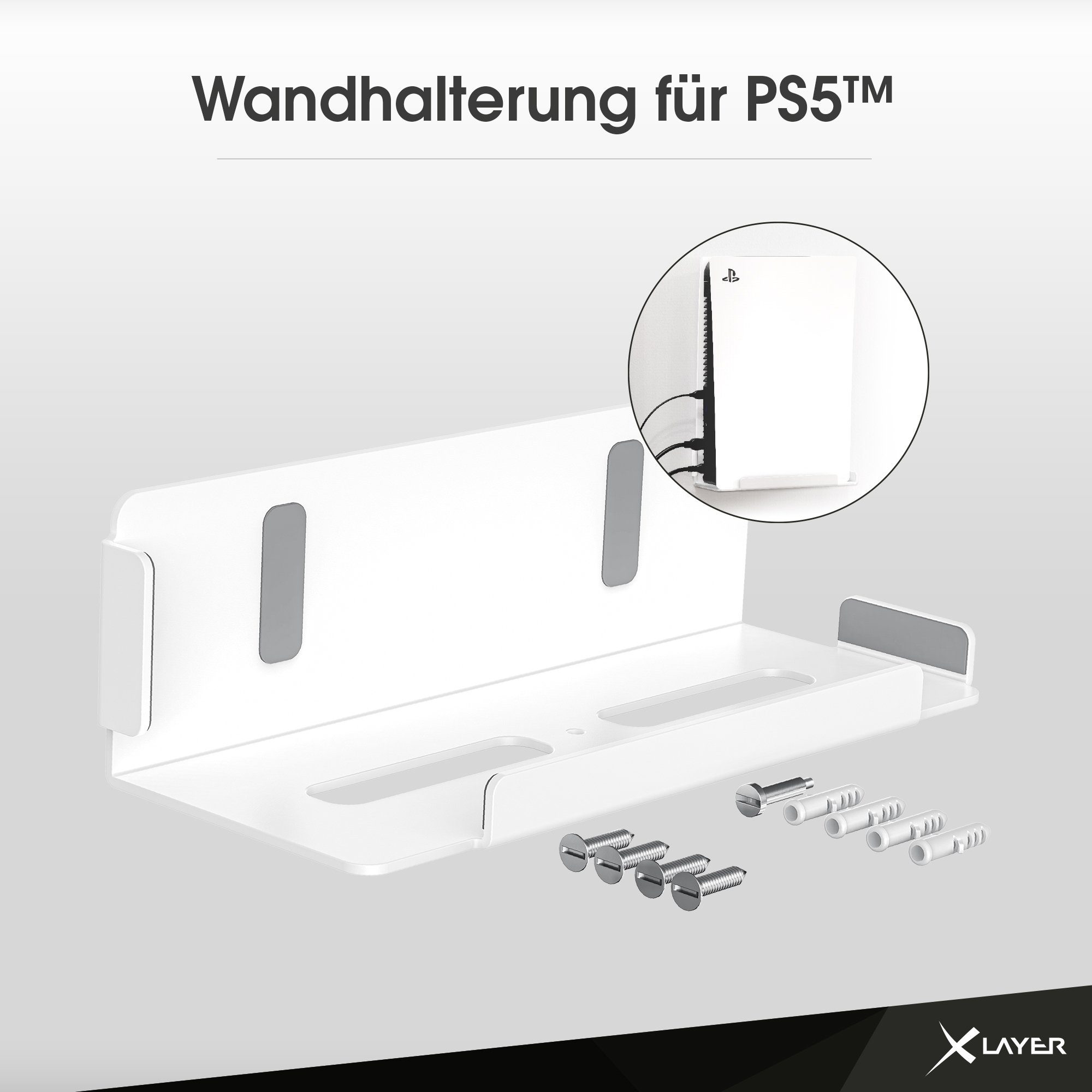 XLAYER Konsolen-Halterung PS5 Wandhalterung weiß Stabil einfache Montage nahe oder hinter TV Zubehör für PS5 passend und Kompatibel mit der Disc- und der Digitalversion