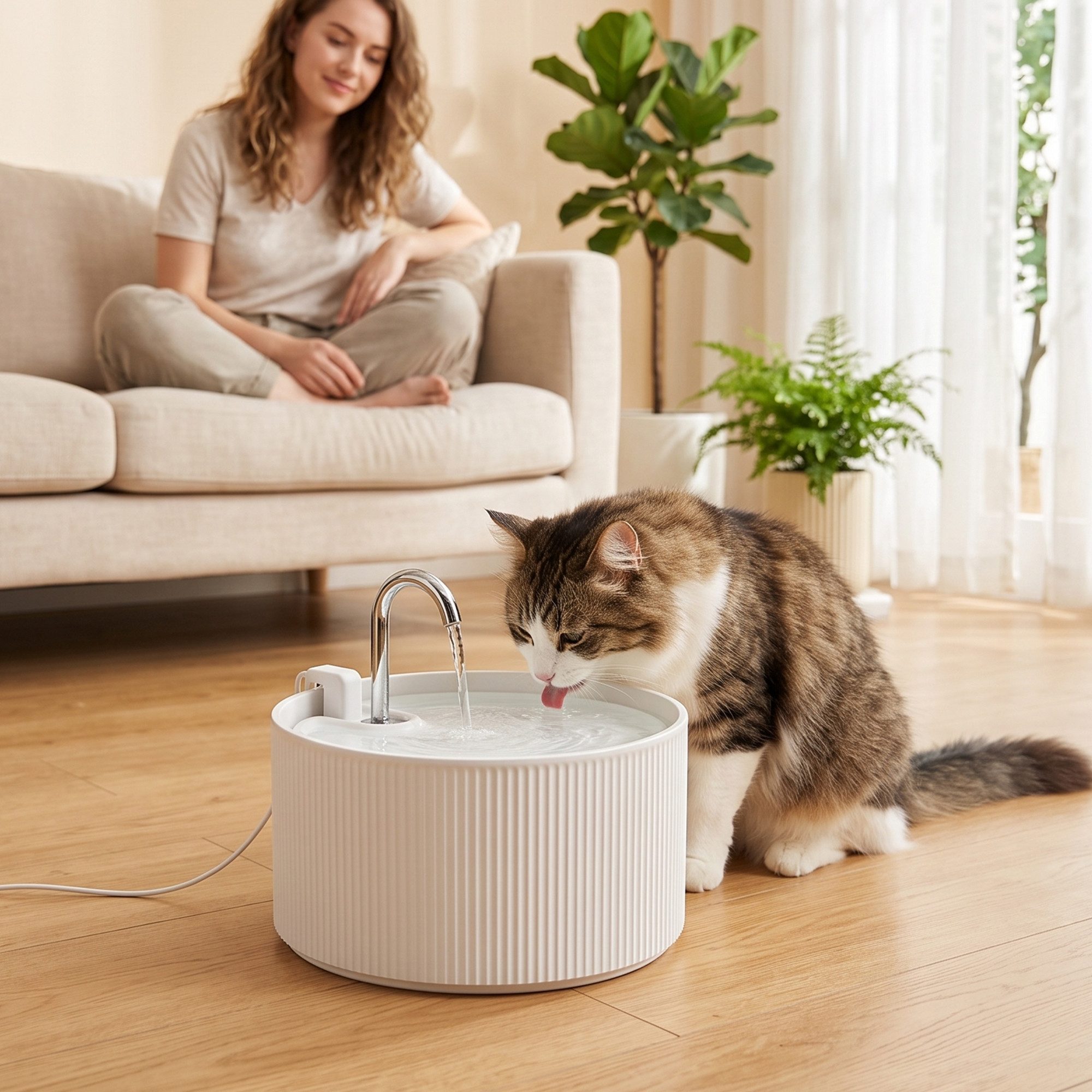 PawHut Trinkbrunnen Keramik, mit 4-fach Filtersystem 2 Modi 1 Filter & Schaumstoff 2.2 l, Ultraleise Pumpe BPA-frei Wasserbrunnen für Katze