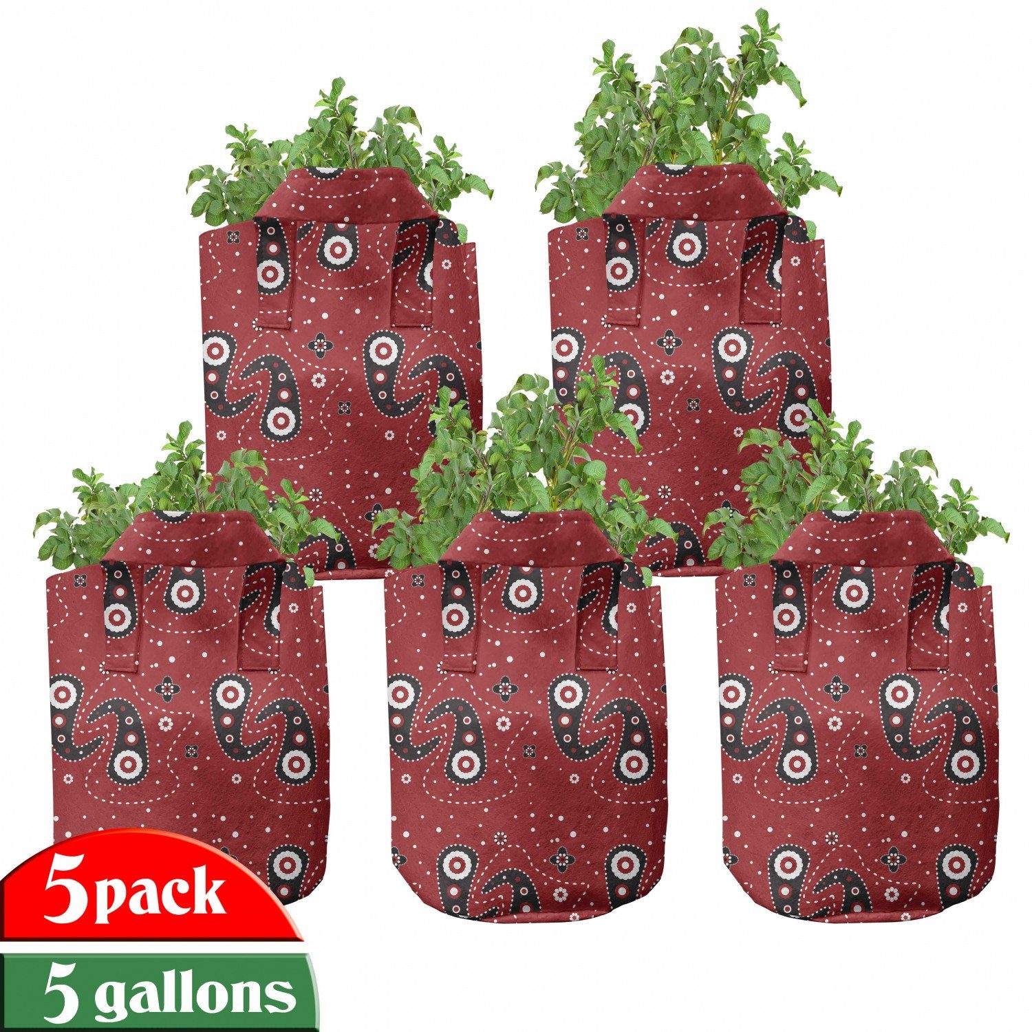 Abakuhaus Pflanzkübel hochleistungsfähig Stofftöpfe mit Griffen für Pflanzen, rot schwarz Paisley Blumen-Punkte