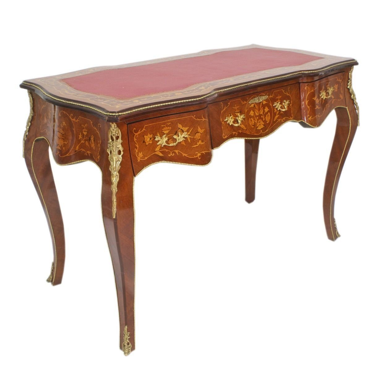 Casa Padrino Schreibtisch Barock Sekretär Mahagoni Intarsien / Gold / Bordeaux 120 cm - Handgefertigter Antik Stil Scheibtisch - Barock Büro Möbel