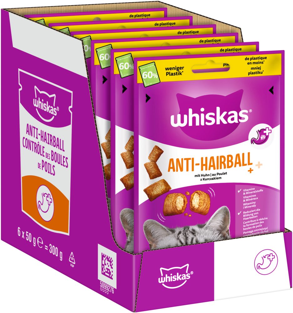 Whiskas WHISKAS® Anti-Hairball Portionsbeutel mit Huhn 6 x 50g, Snack für: Katze