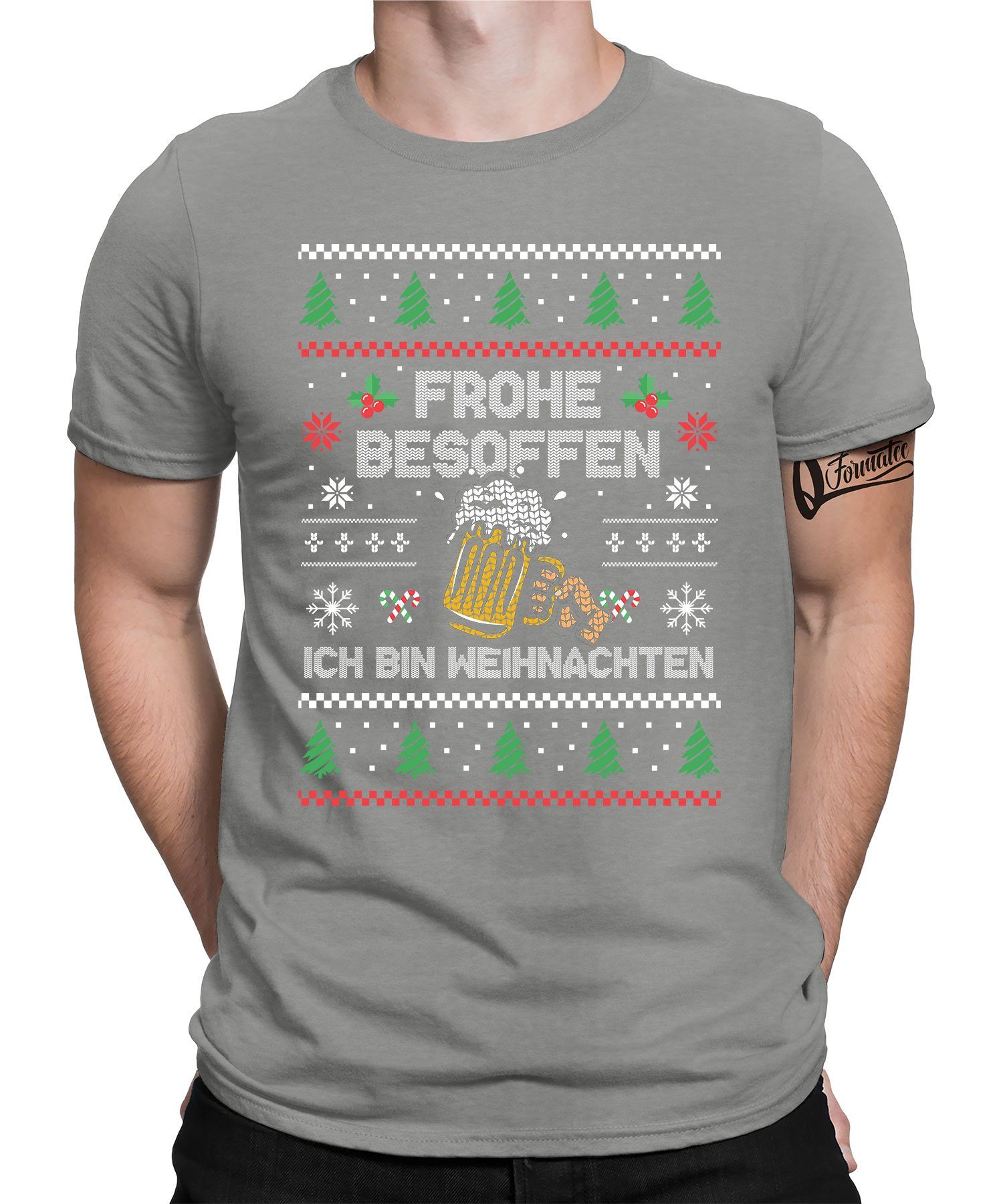 Quattro Formatee Kurzarmshirt Bier Besoffen Ugly - Weihnachten Nikolaus Weihnachtsgeschenk Herren (1-tlg) Heather Grau