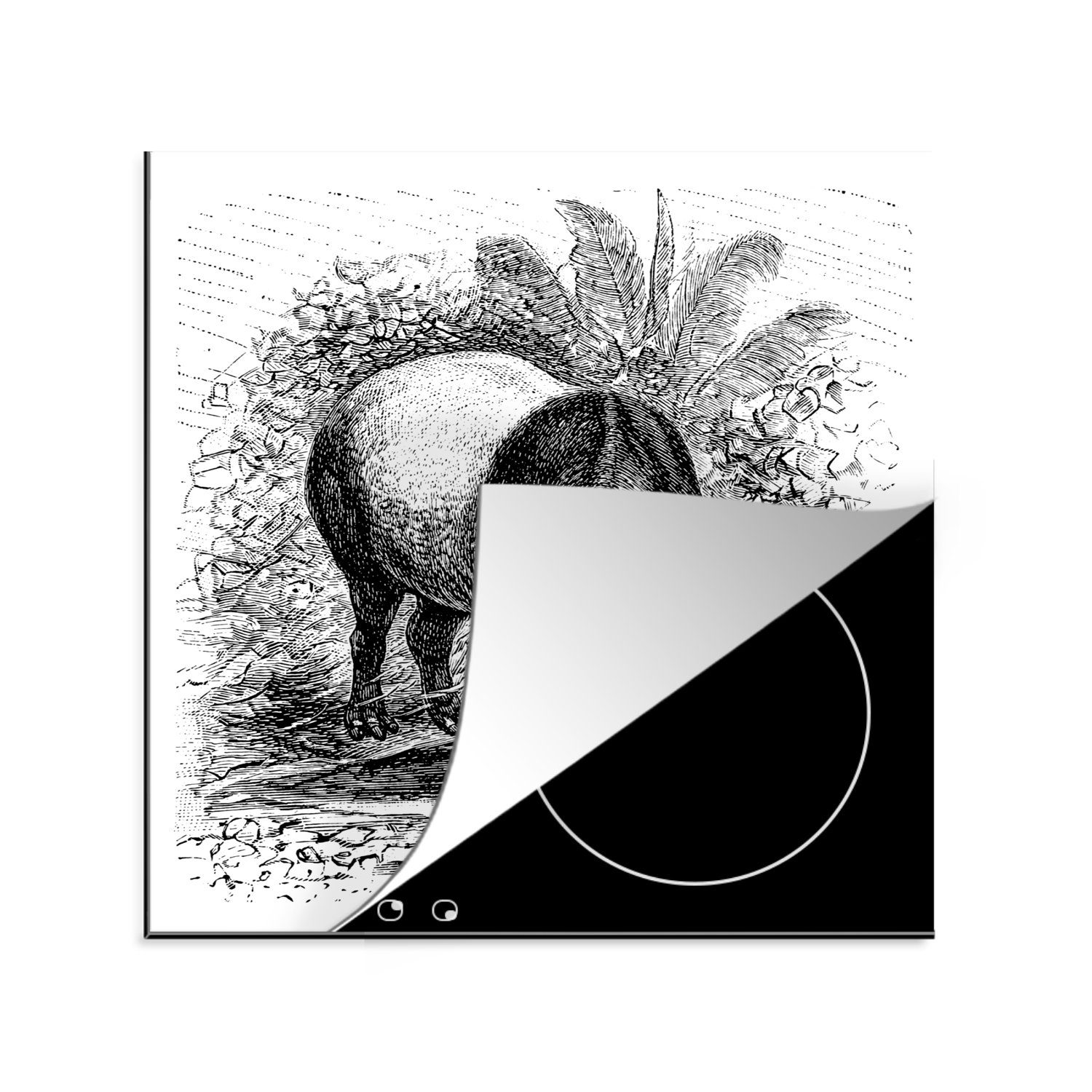 MuchoWow Herdblende-/Abdeckplatte Illustration eines Tapirs in Schwarz-Weiß, Vinyl, (1 tlg), 78x78 cm, Ceranfeldabdeckung, Arbeitsplatte für küche
