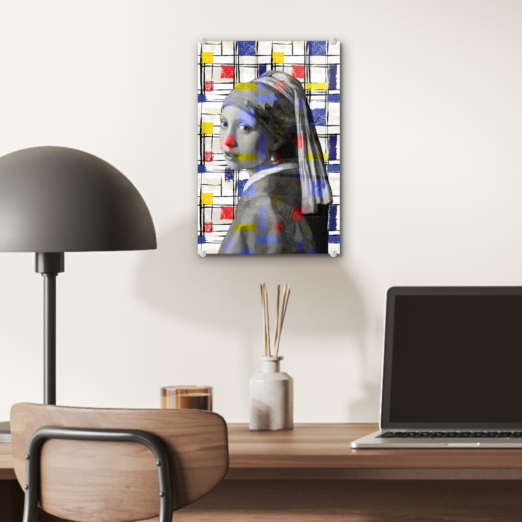 - Acrylglasbild Foto Glasbilder - Glas mit - - Wandbild St), auf MuchoWow - auf (1 Bilder bunt Glas Mädchen Mondrian Wanddekoration Perlenohrring Collage,