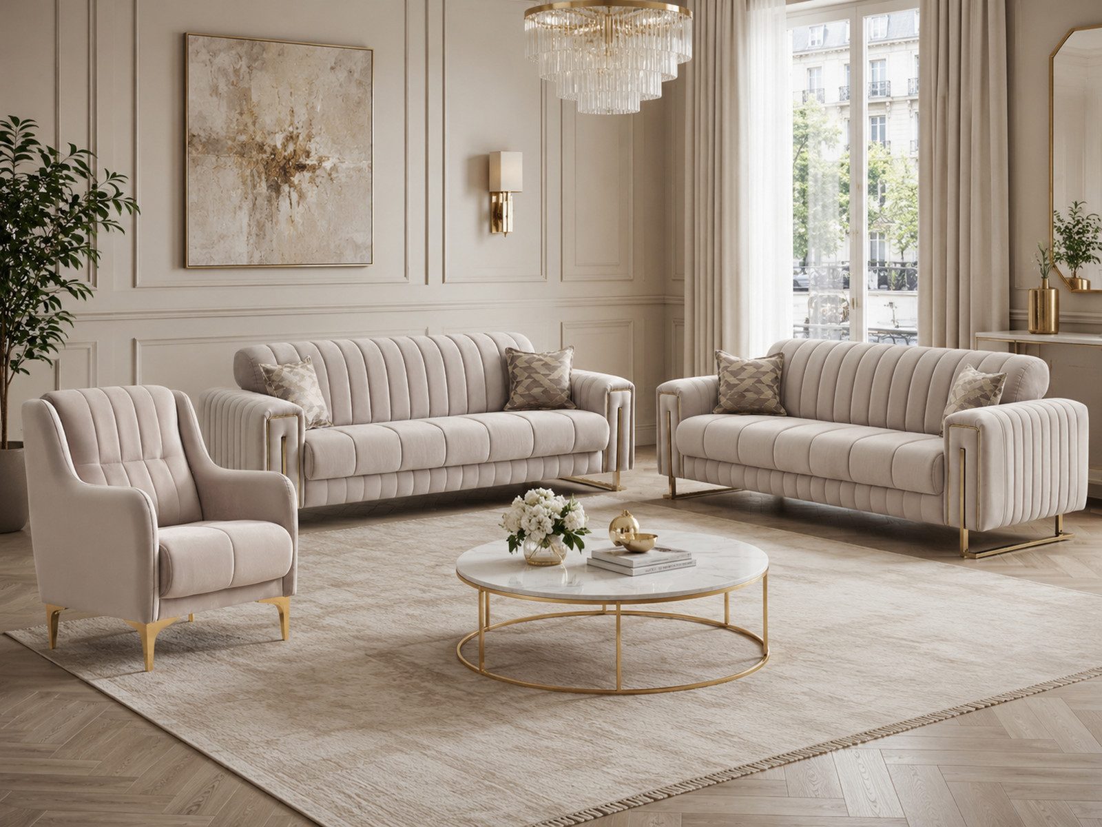 Villa Möbel Polstergarnitur Kochi, (2-tlg. Set, Set besteht aus: 2-Sitzer + Sessel), Beige mit Schlaffunktion durch aufklappbare Sitzfläche