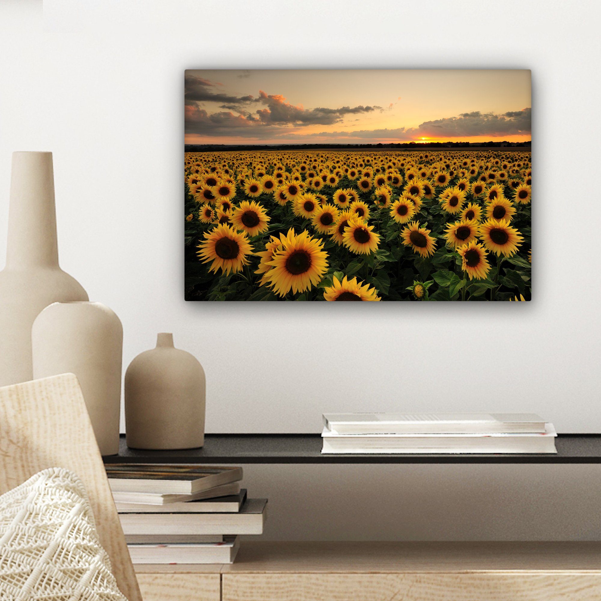 (1 Sonnenuntergang, Leinwandbild Sonnenblumen Aufhängefertig, Wanddeko, 30x20 Wandbild cm Leinwandbilder, OneMillionCanvasses® St), bei