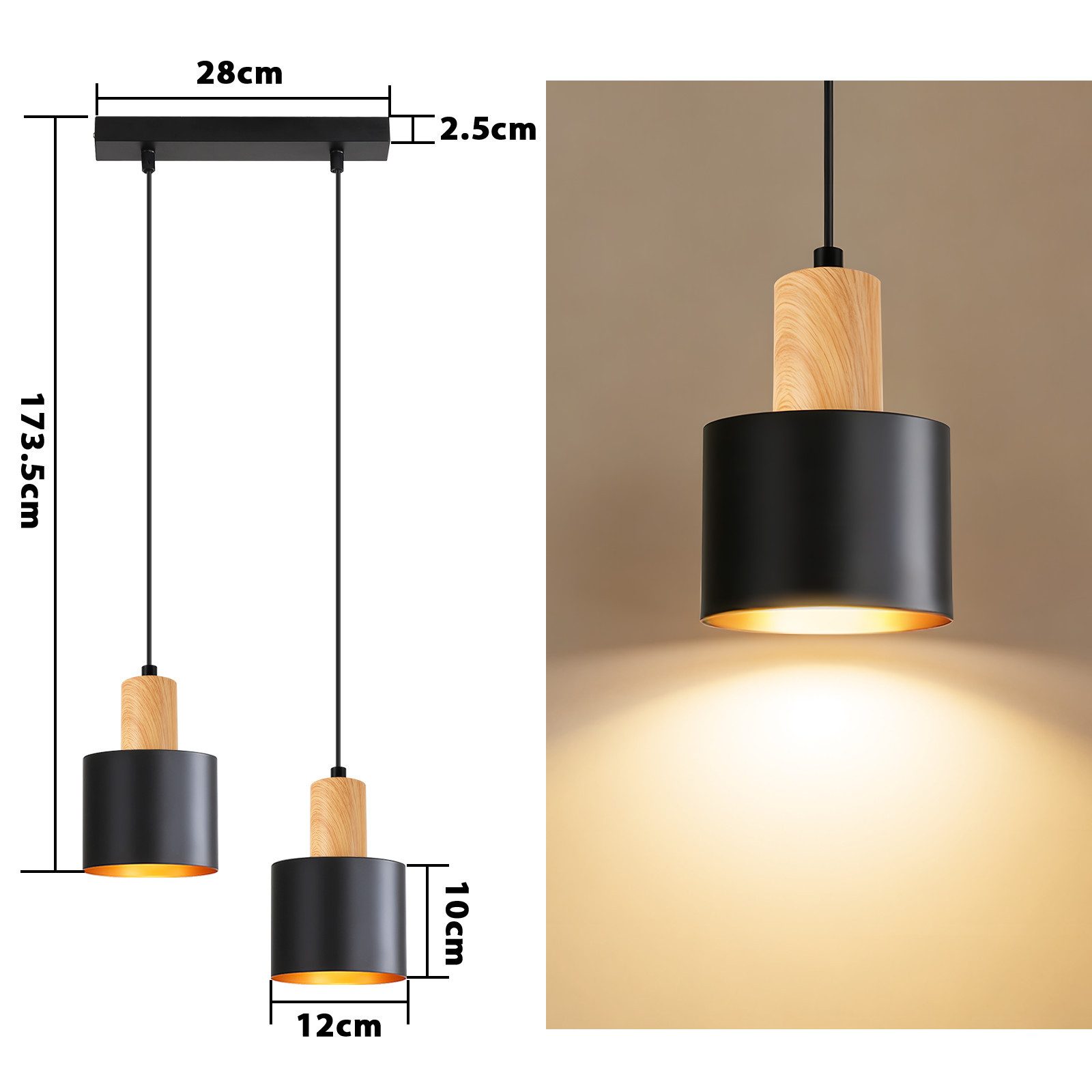 Nettlife Hängeleuchte Schwarz Vintage 1/2/3 Flammig Esstisch E27 Pendelleuchte, Höhenverstellbar, LED wechselbar, Metall Pendelleuchte Essbereich Hängelampe – Bild 3 von 5