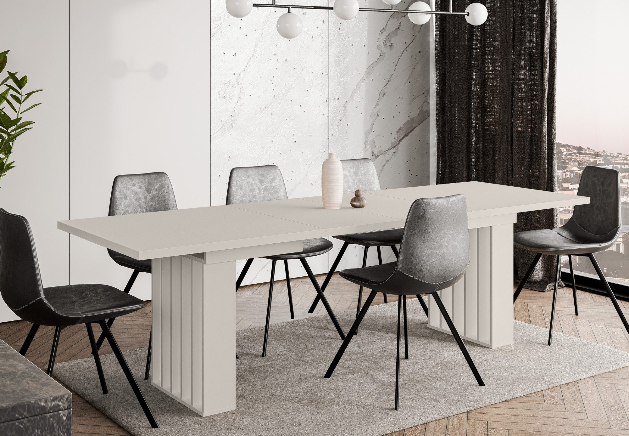 Home Collective Esstisch ausziehbar Tisch Küchentisch Esszimmertisch Ausziehtisch (160-240 x 80 cm Esszimmer Küche Wohnzimmer Esstisch erweiterbar), modernes Design mit Säulengestell in Lamellen-Optik Kaschmir