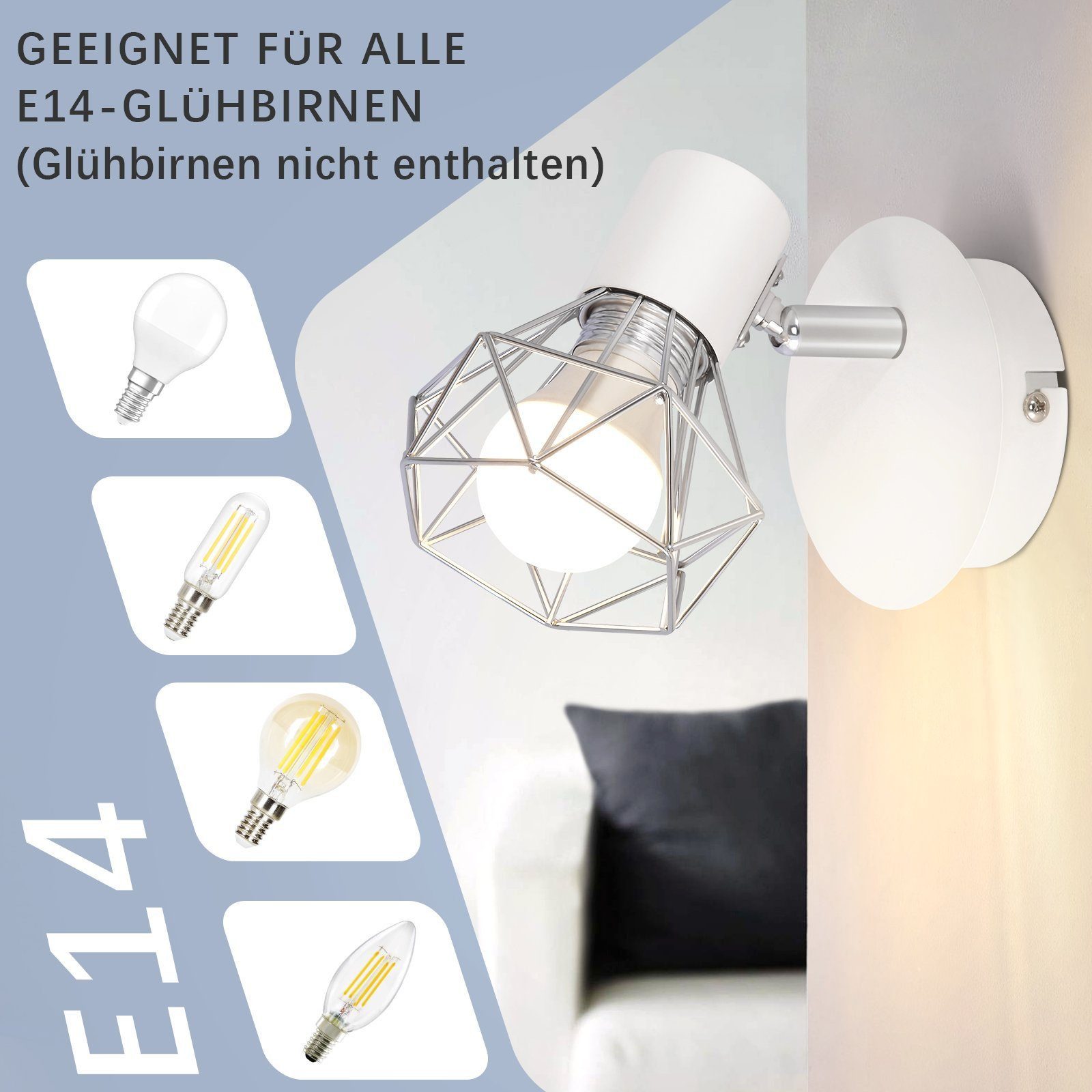 Nettlife Wandstrahler Wandstrahler E14 Verstellbare 350° Metall, Verstellbar 350°, LED wechselbar, für Wohnzimmer Flur Schlafzimmer