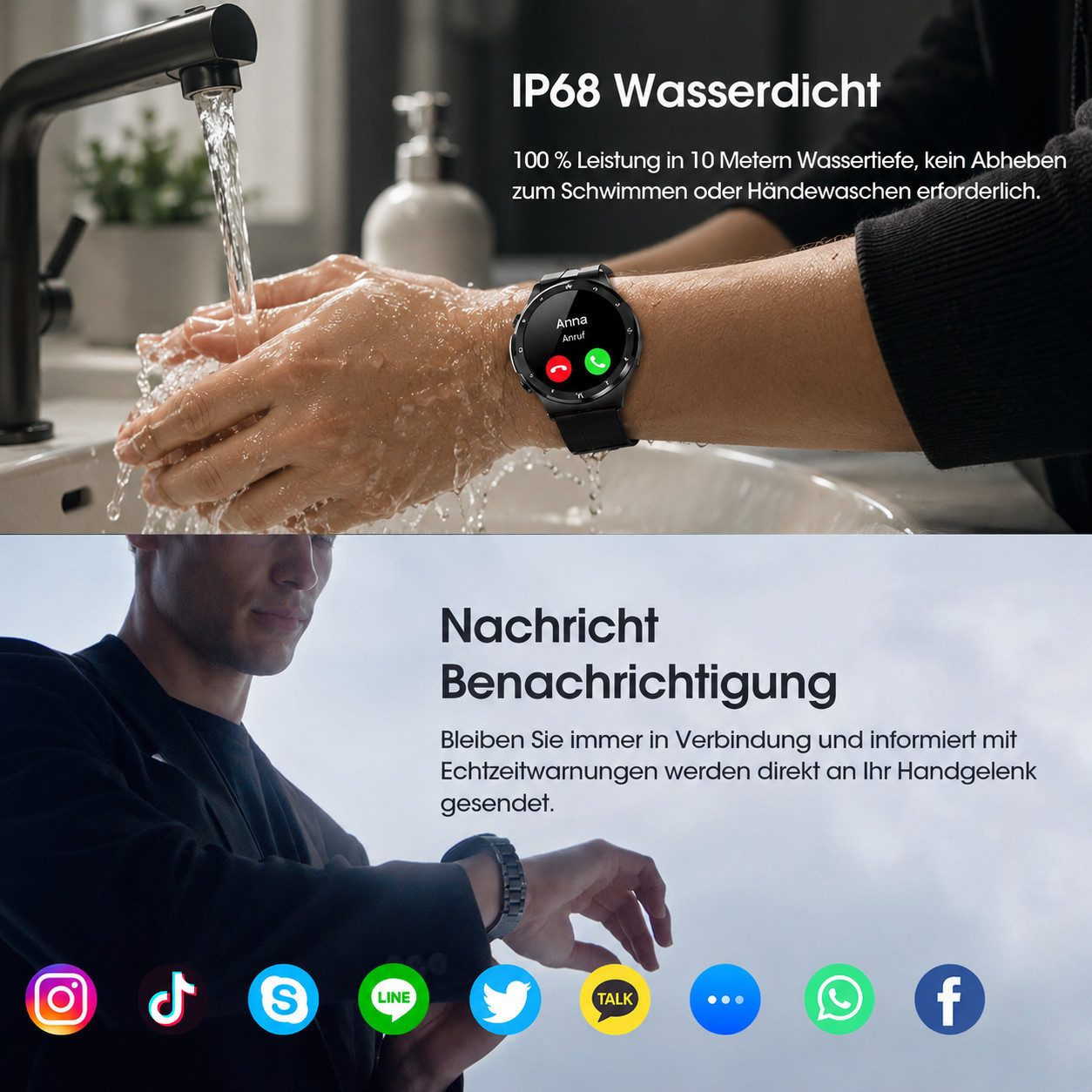 ANYSUN Smartwatch Herren (Anruf Texte Rinnerung) Fitness Tracker Uhr Smartwatch (1,39 Zoll) mit EKG/Schlaf/Herzfrequenz/Sauerstoff-Überwachung, 120+ Sportmodi Uhren Herren mit Herzfrequenz, SpO2, Schlafmonitor, IP68 Wasserdicht Android und iOS, Schwarz