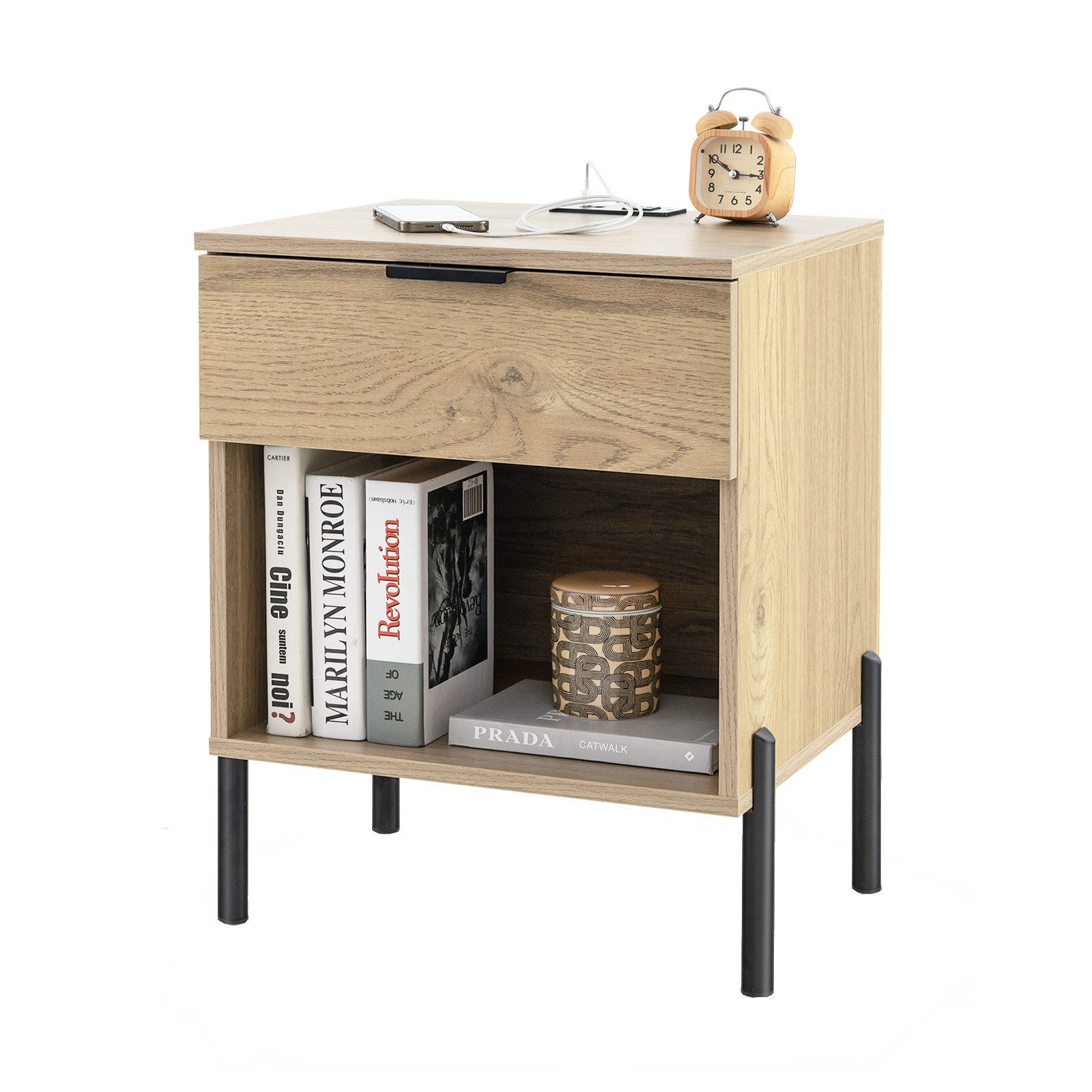 COSTWAY Nachttisch (1-St), mit Ladestation & Schublade & offenem Fach