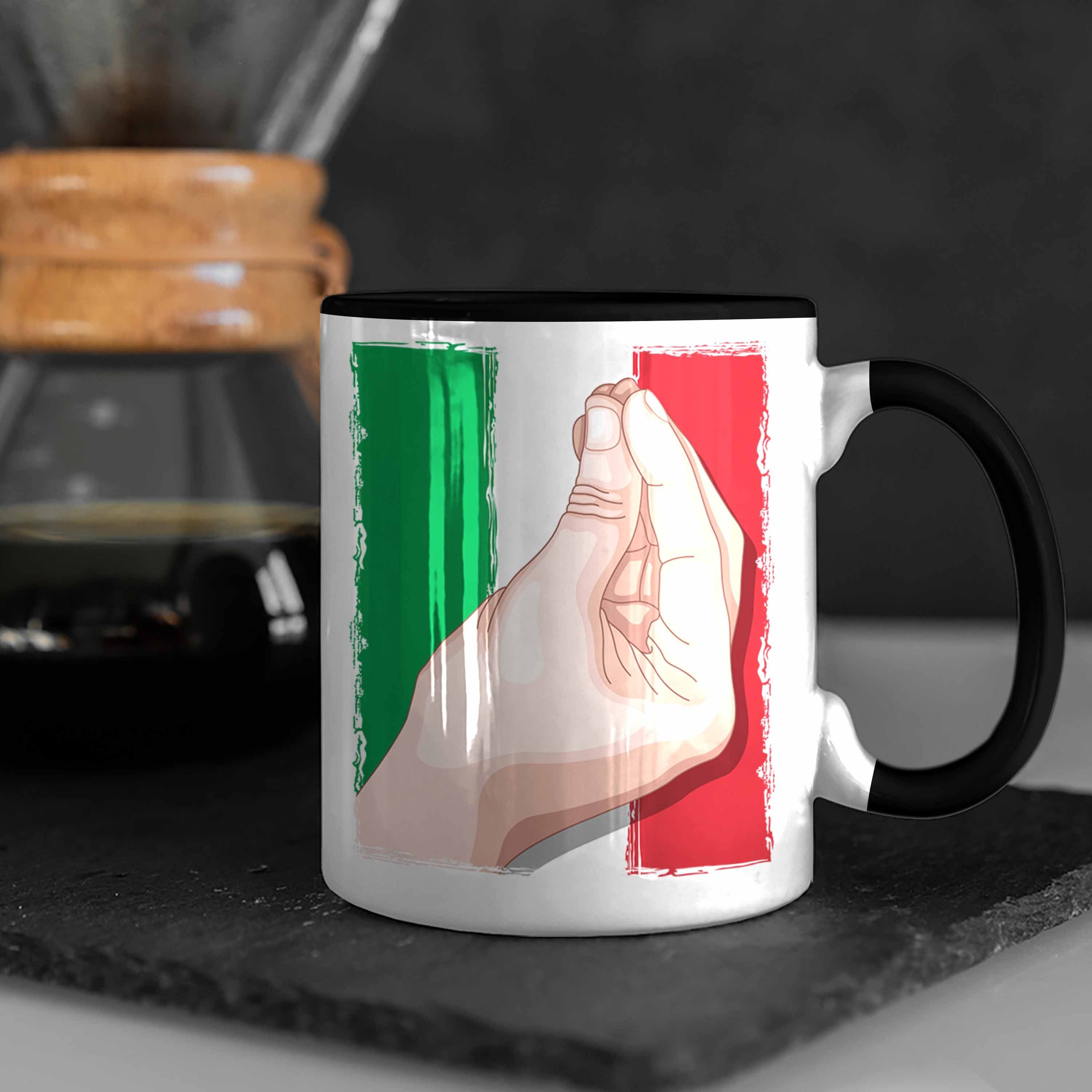 Trendation Tasse Tasse Italien Flagge Geschenk für Italien-Liebhaber Handbewegung Schwarz