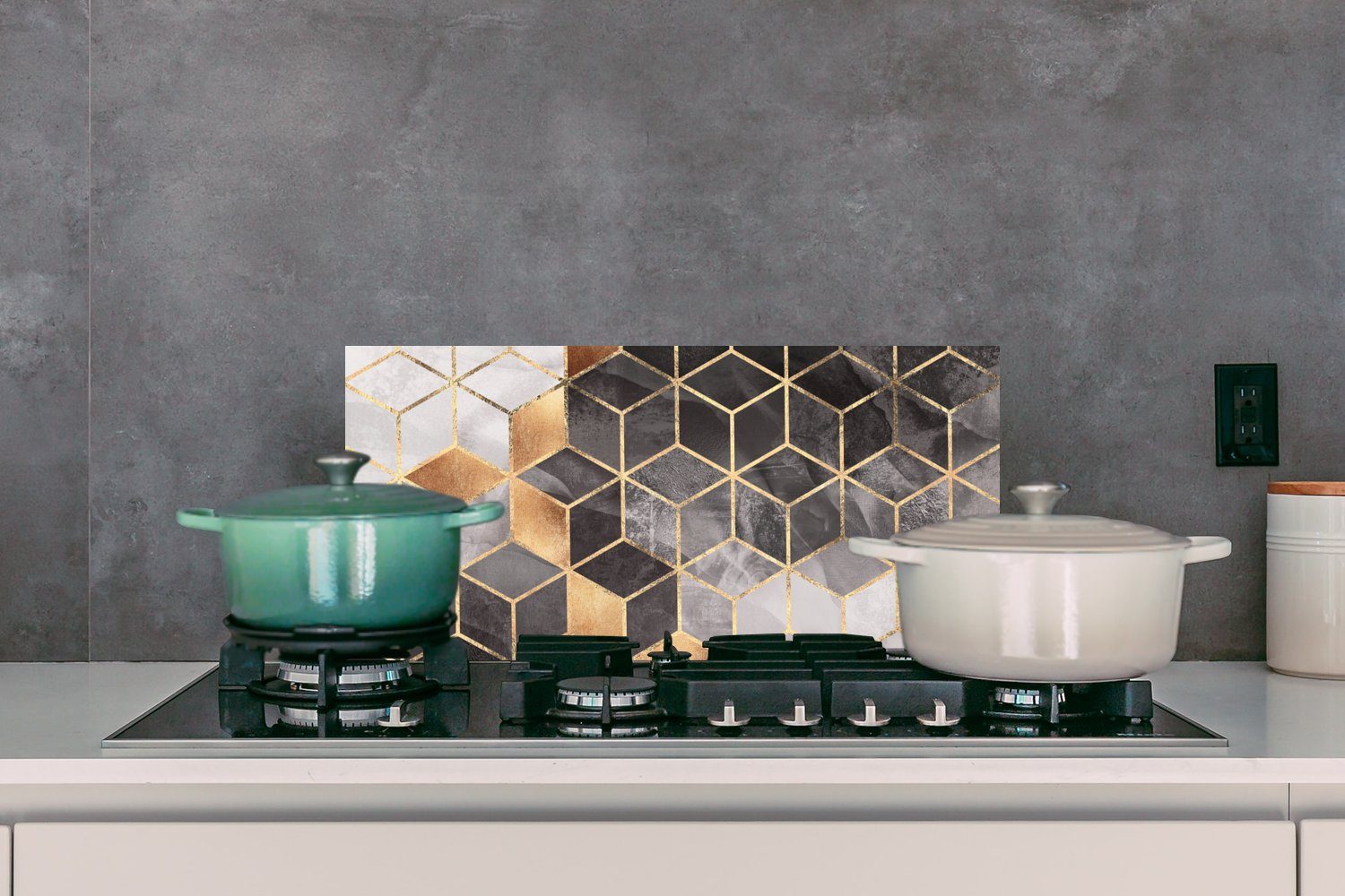 Schwarz Fett Muster cm, Wandschutz, Abstrakt Küchen Würfel Gold - Küchenrückwand für Weiß, - MuchoWow gegen - und - 60x30 - Schmutzflecken (1-tlg),