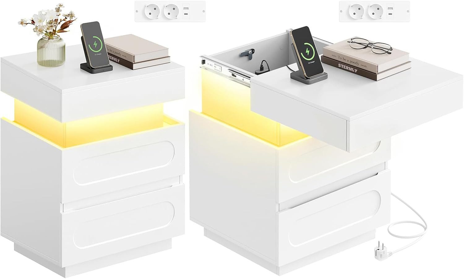 Woltu Nachttisch (2-St), mit Ladefunktion und LED-Beleuchtung 45x58x40 cm