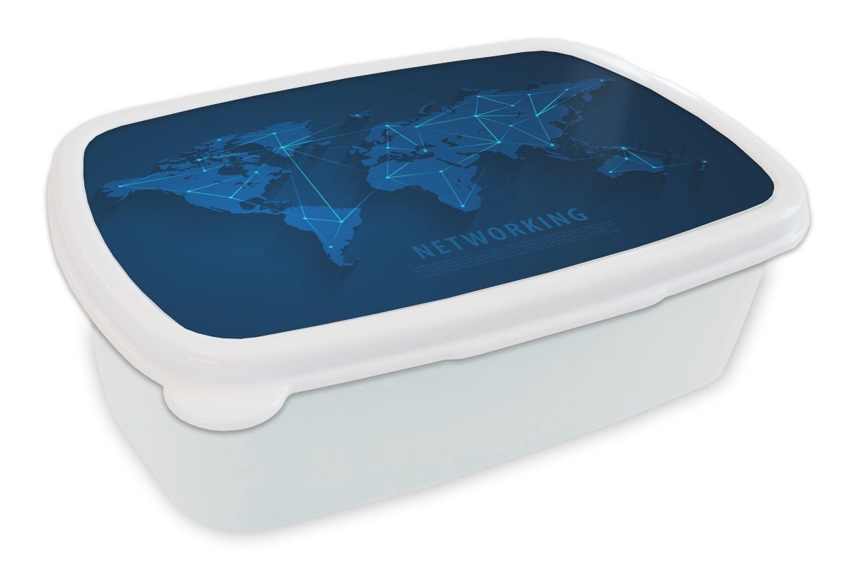 MuchoWow Lunchbox Weltkarte - Einfach - Blau, Kunststoff, (2-tlg), Brotbox für Kinder und Erwachsene, Brotdose, für Jungs und Mädchen weiß
