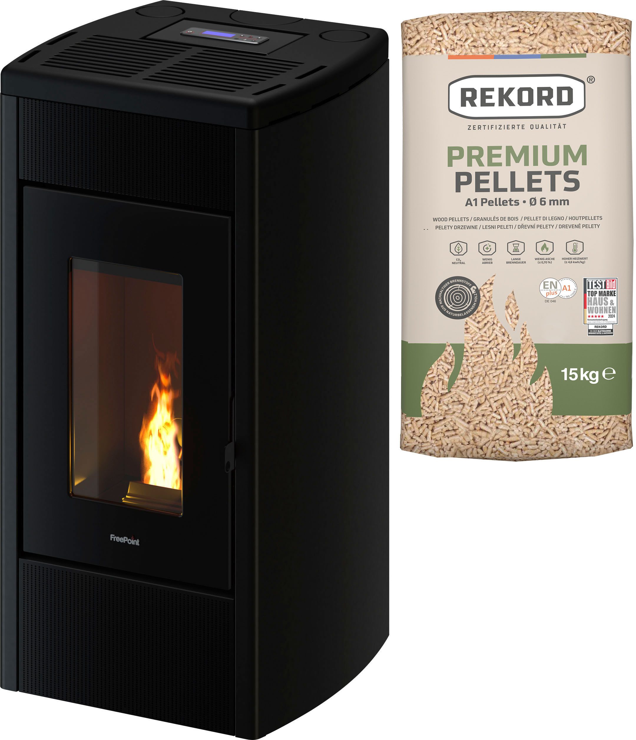 Freepoint Pelletofen Duke 14 raumluftunabhängig, 15,5 kW, Zweifach kanalisierbare Warmluft, WIFI inklusive